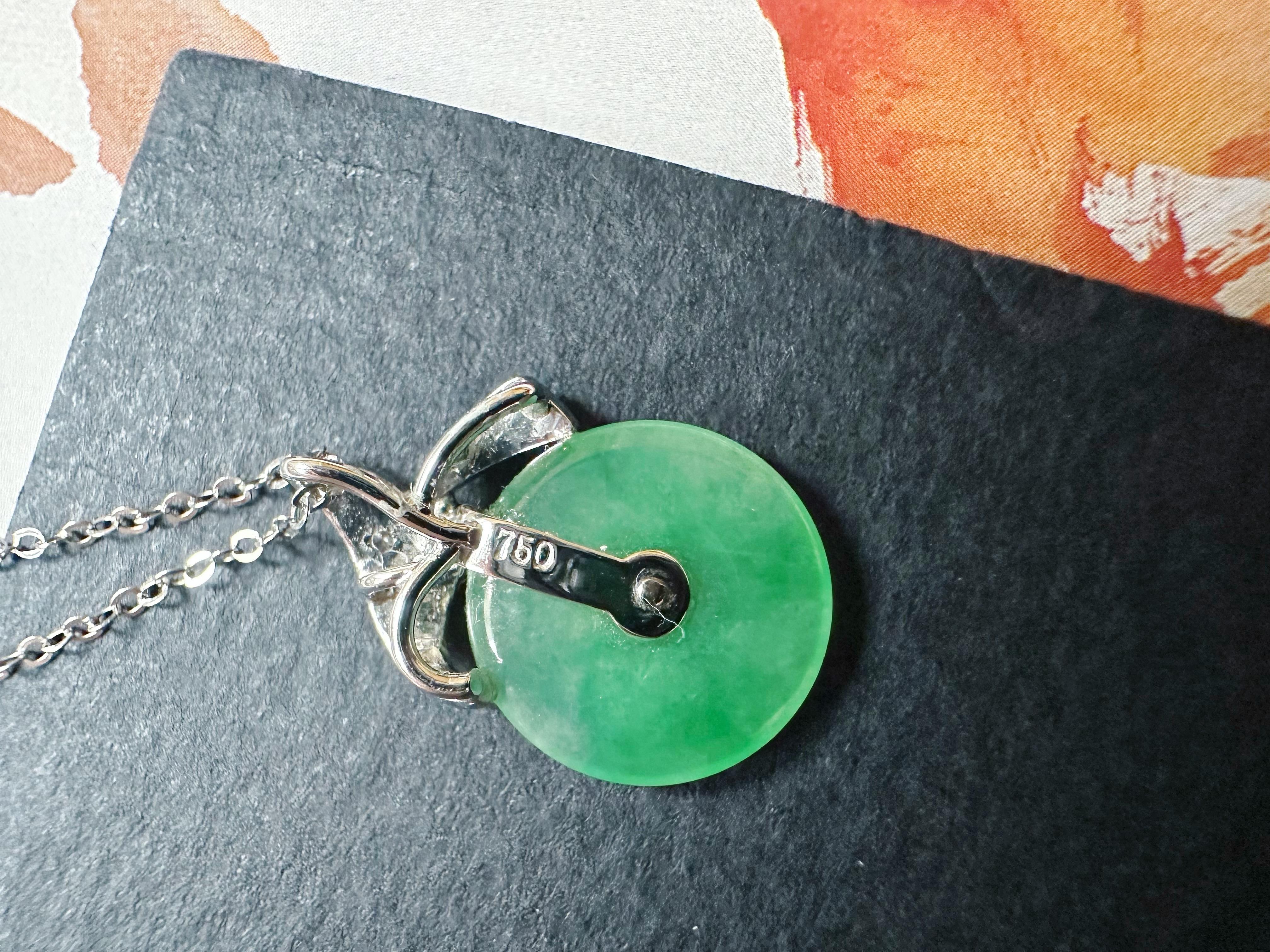 Natural Myanmar Icy Type Vivid Green Round Jade Pendant in 18K Gold & Diamond For Sale 11