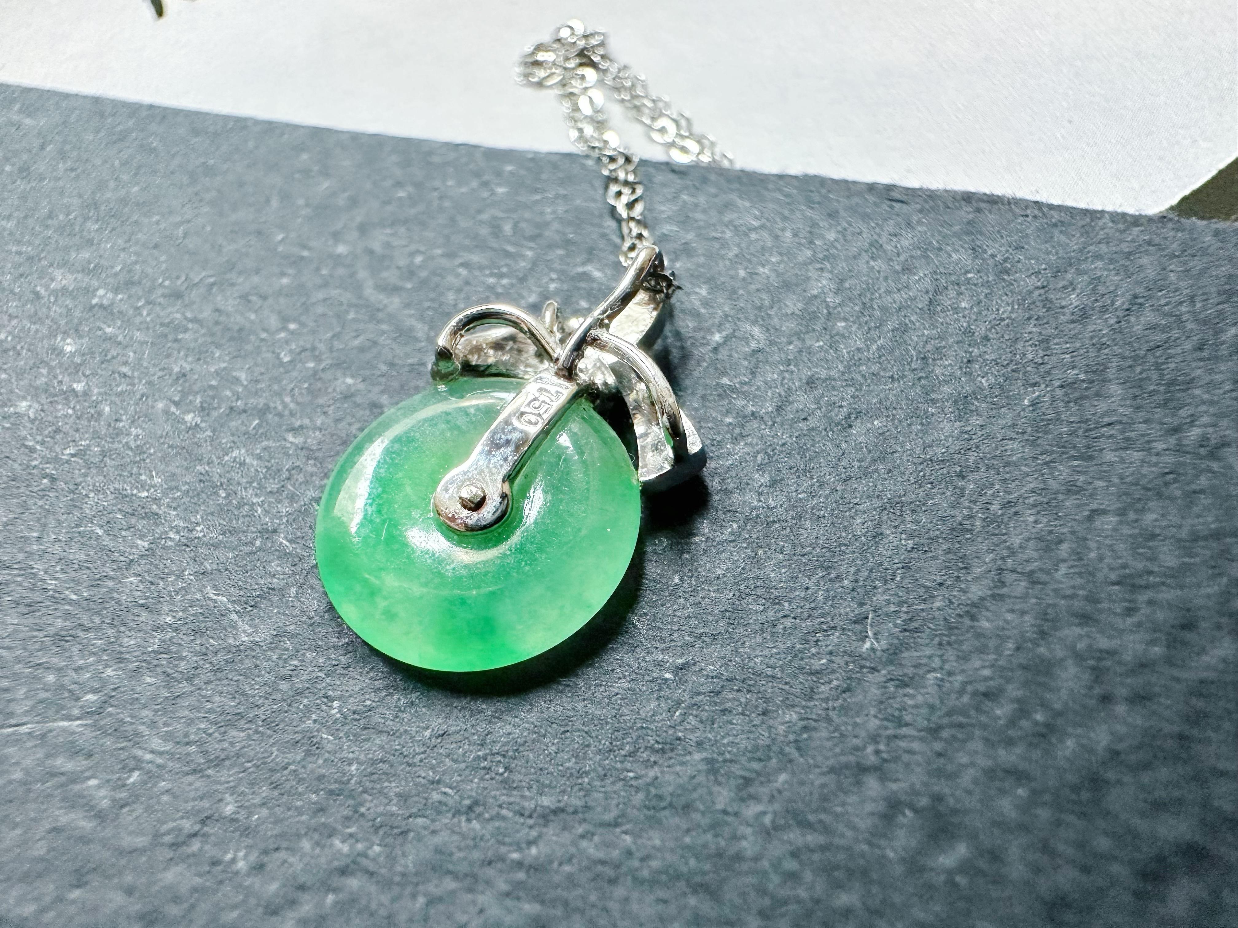 Natural Myanmar Icy Type Vivid Green Round Jade Pendant in 18K Gold & Diamond For Sale 12