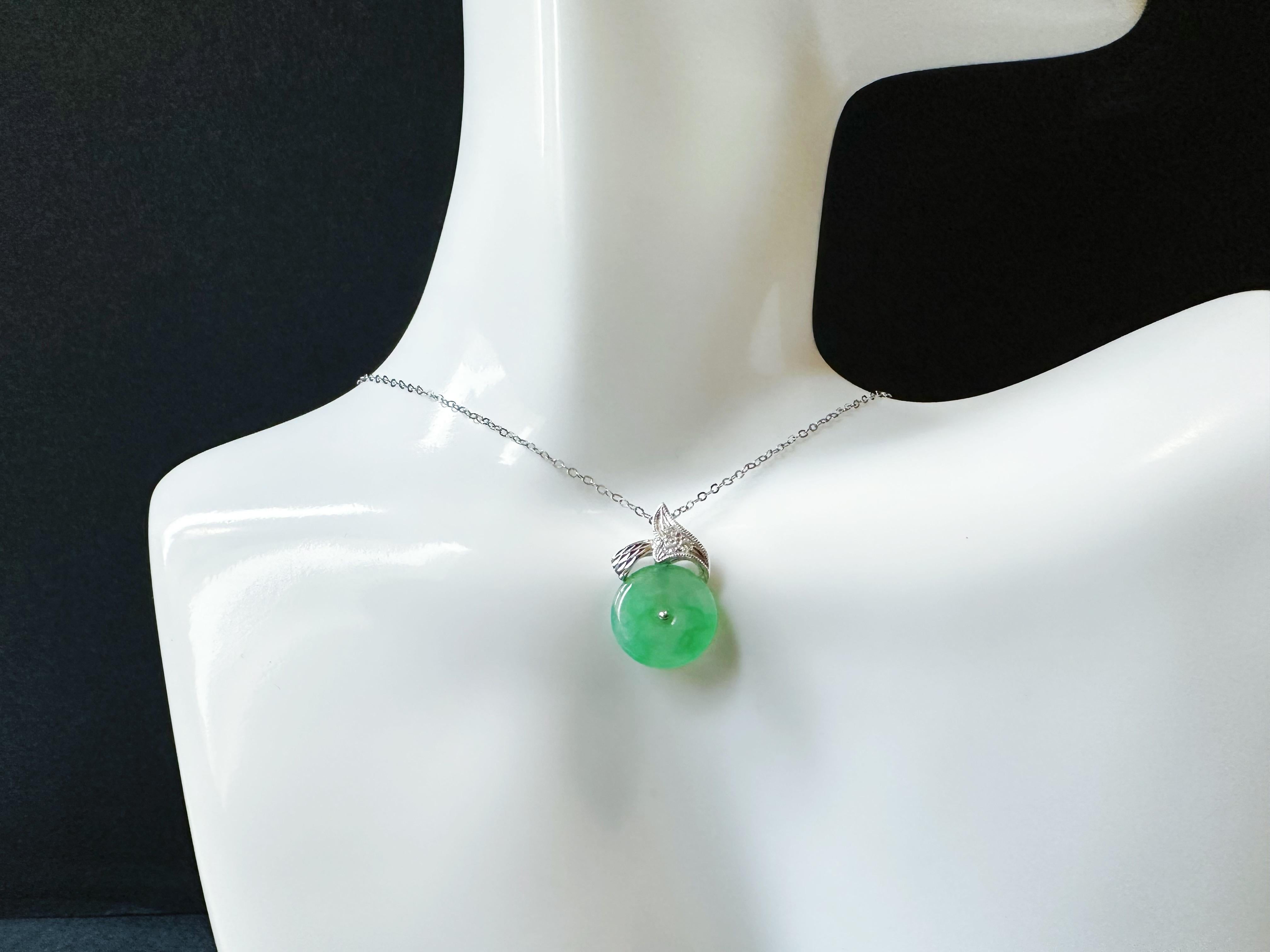 Natural Myanmar Icy Type Vivid Green Round Jade Pendant in 18K Gold & Diamond For Sale 13
