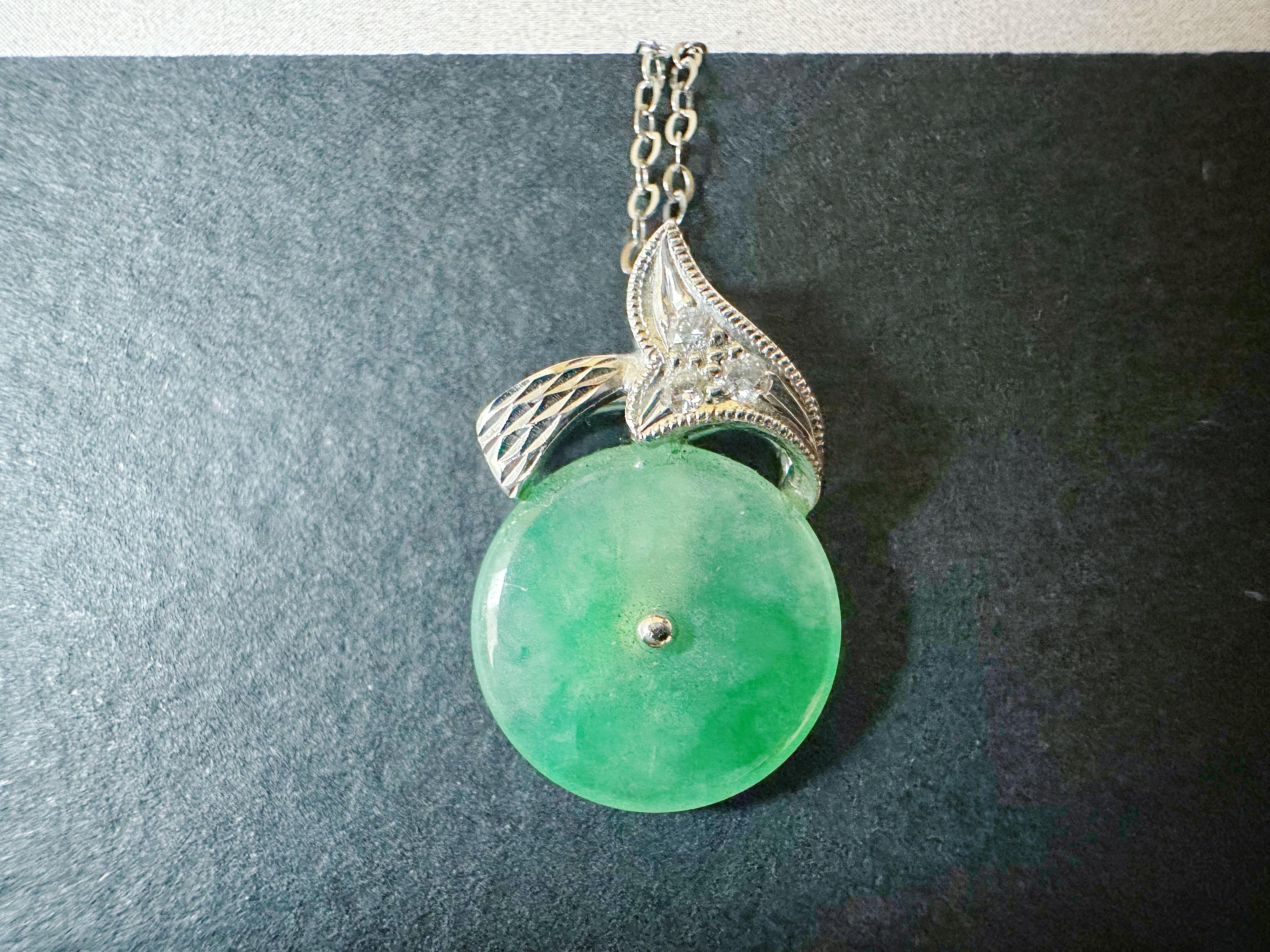 Art Nouveau Natural Myanmar Icy Type Vivid Green Round Jade Pendant in 18K Gold & Diamond For Sale