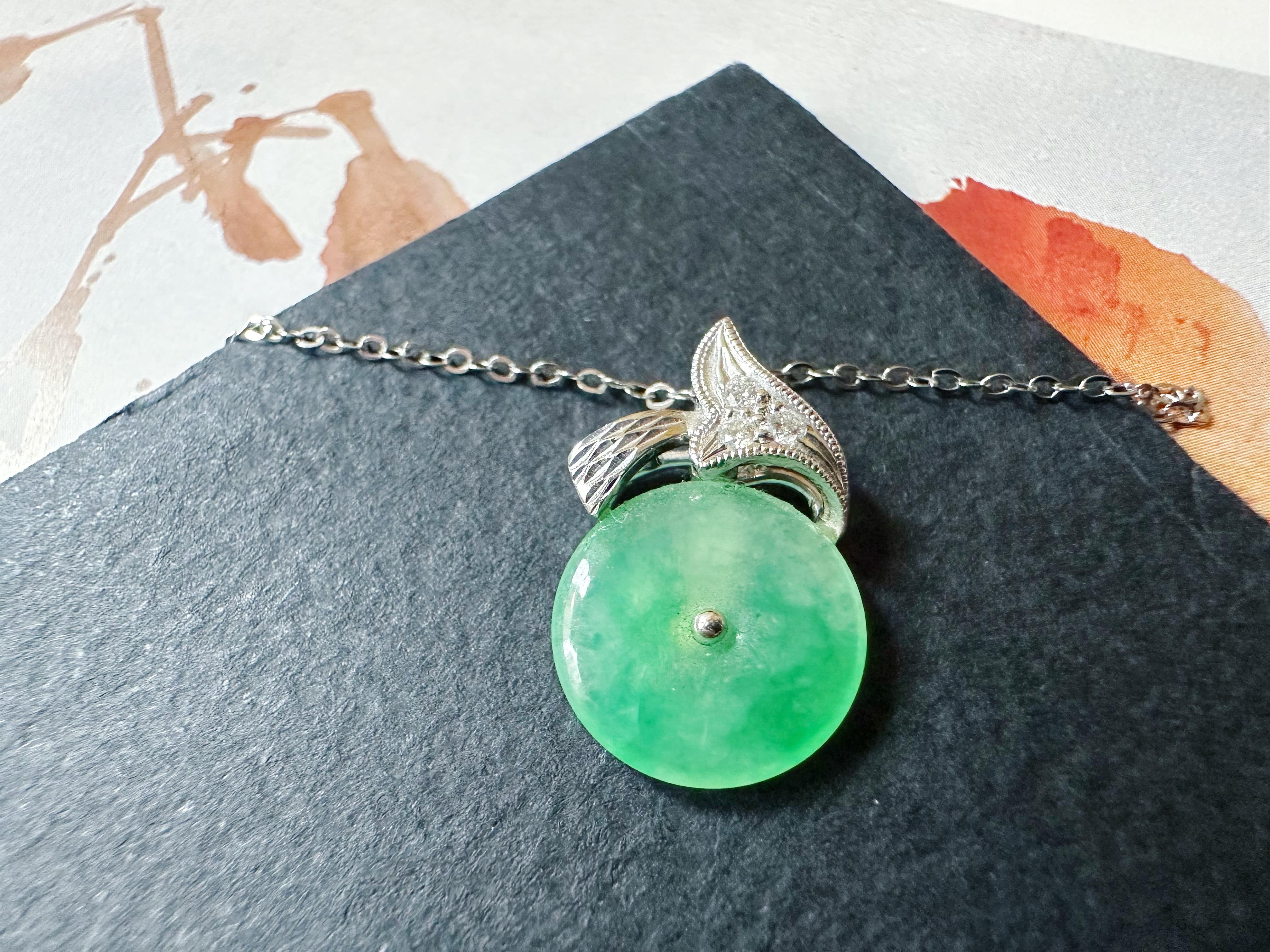 Women's or Men's Natural Myanmar Icy Type Vivid Green Round Jade Pendant in 18K Gold & Diamond For Sale