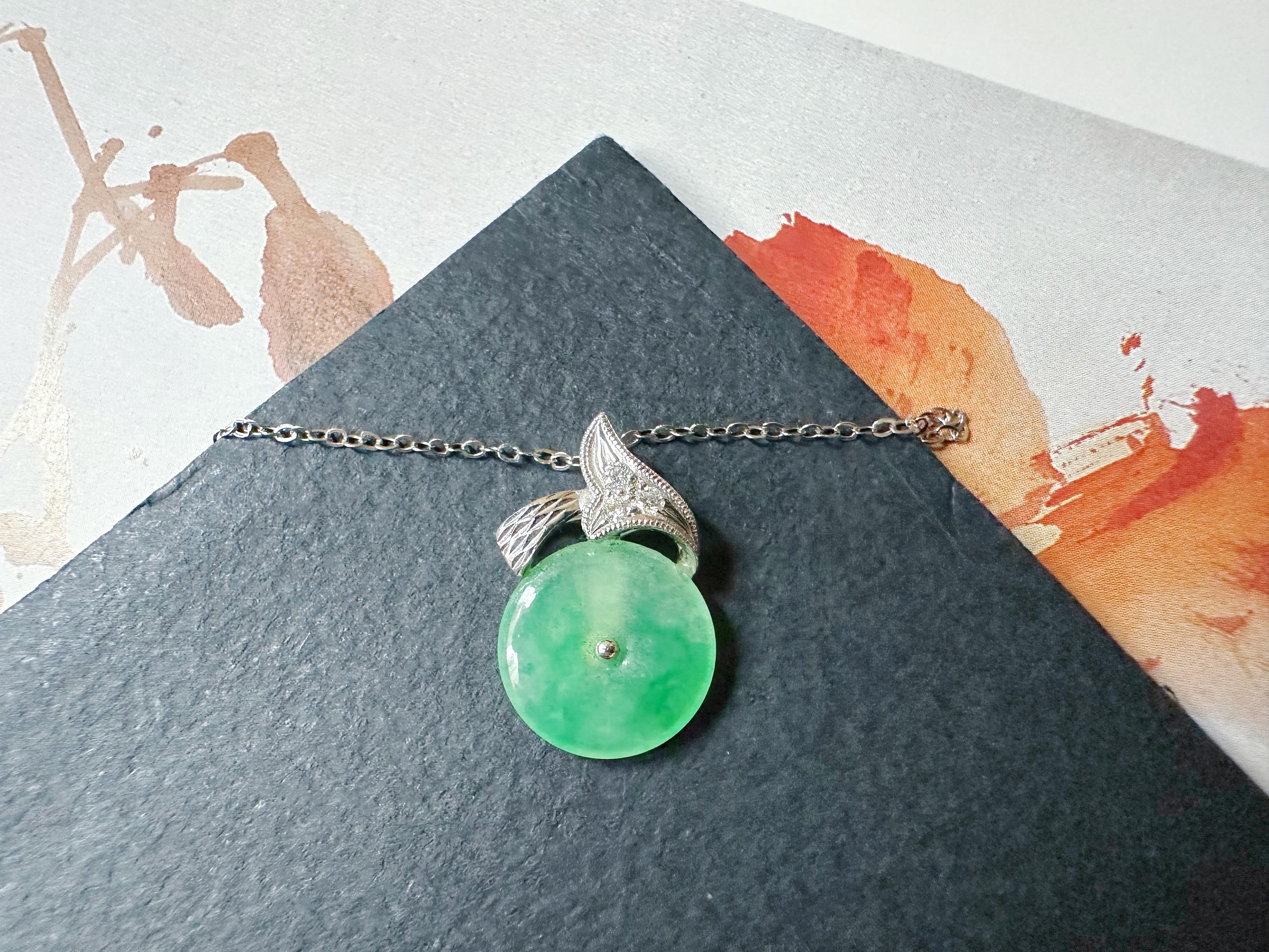 Natural Myanmar Icy Type Vivid Green Round Jade Pendant in 18K Gold & Diamond For Sale 1