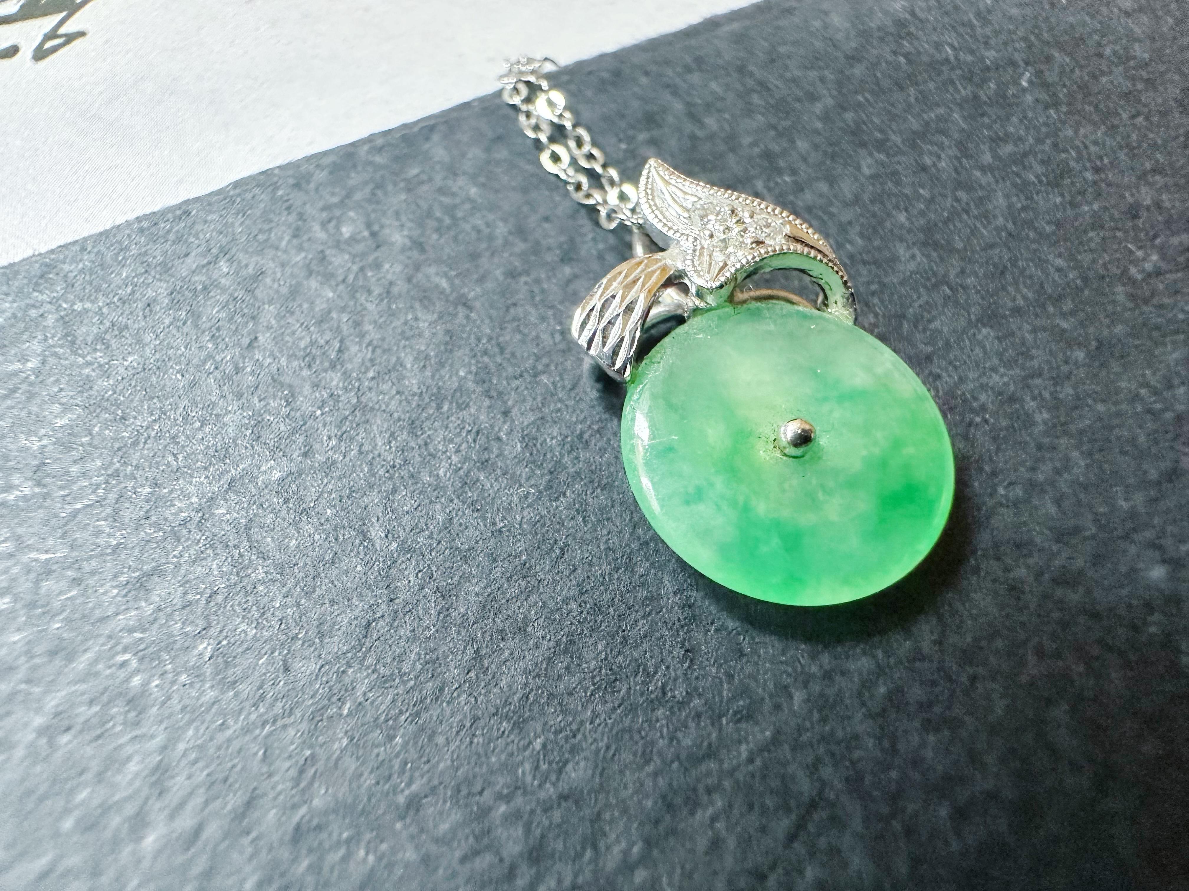 Natural Myanmar Icy Type Vivid Green Round Jade Pendant in 18K Gold & Diamond For Sale 3