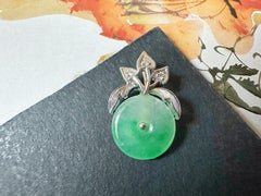 Natural Myanmar Icy Type Vivid Green Round Jade Pendant in 18K Gold & Diamond