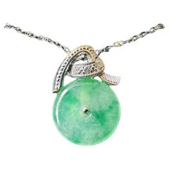 Natural Myanmar Icy Type Vivid Green Round Jade Pendant in 18K Gold & Diamond