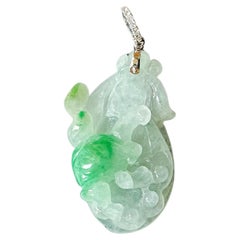 Natural Myanmar Icy Vivid Green Jade Carved Peach Pendant in Diamond Bail