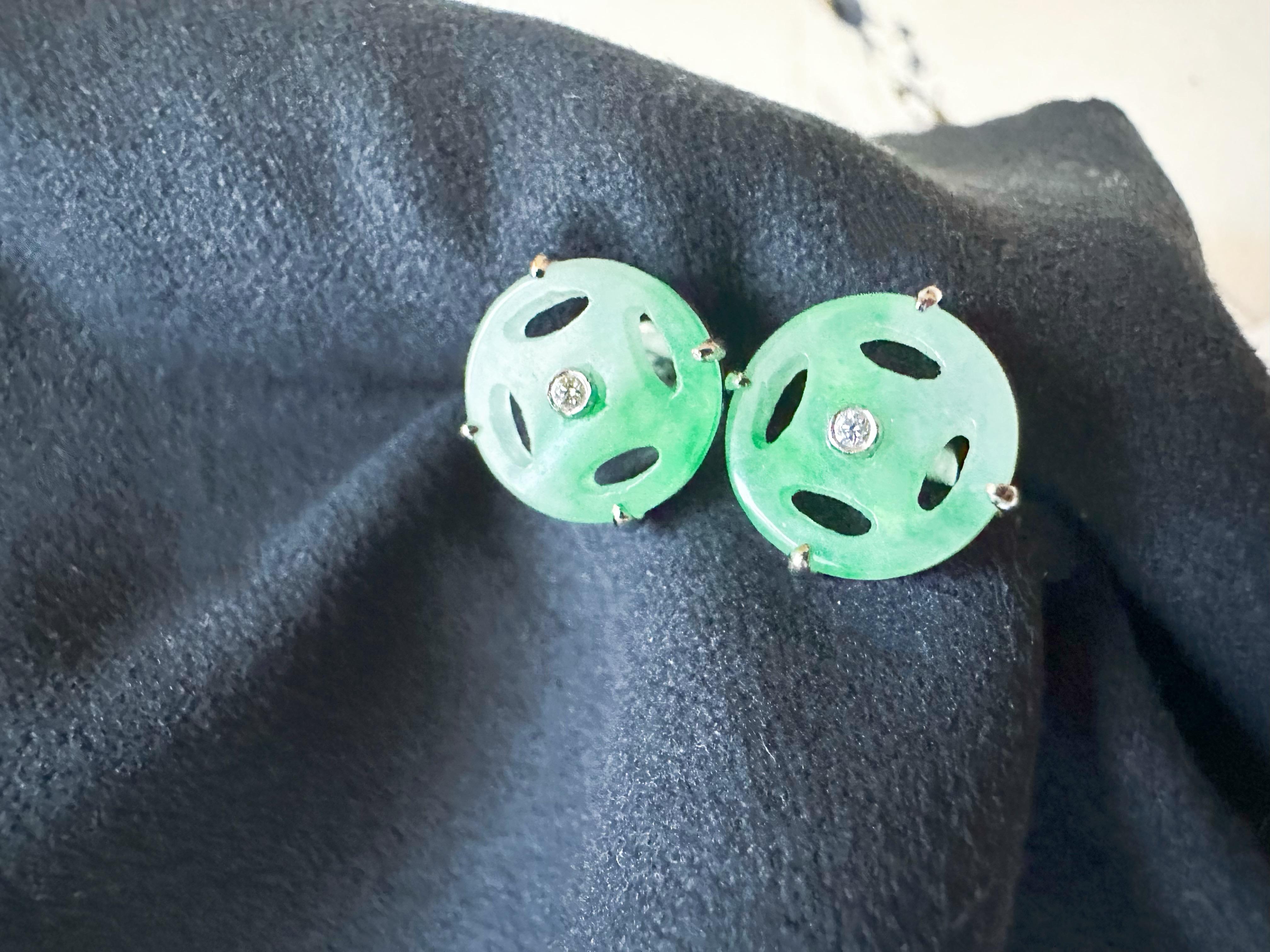 Art Deco Natural Myanmar Icy Vivid Green Jade with Diamond Ear Stud Earrings in 18K Gold For Sale