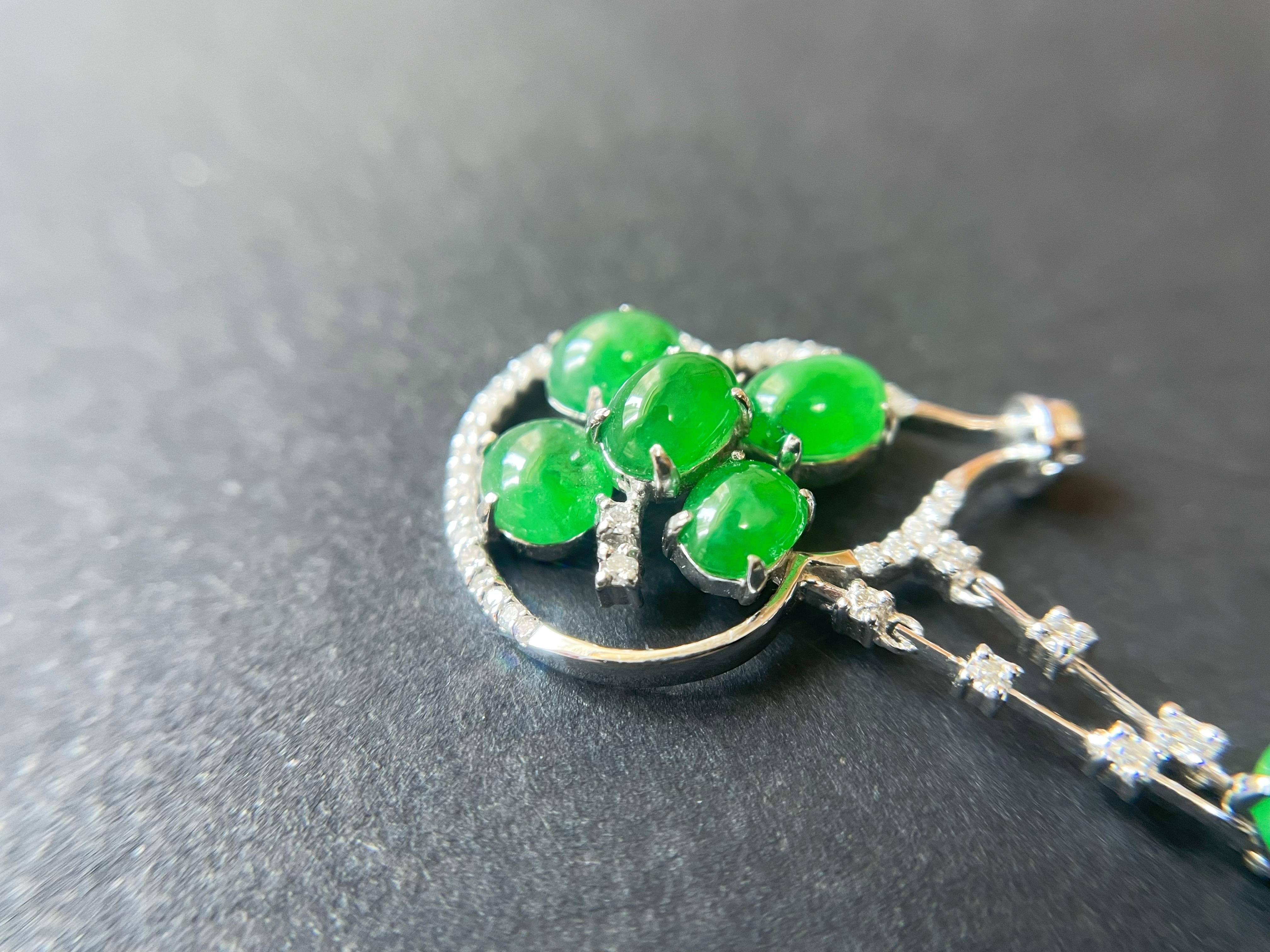 Natural Myanmar Imperial Green Cabochon Jade Pendant, 18K White Gold diamond For Sale 4