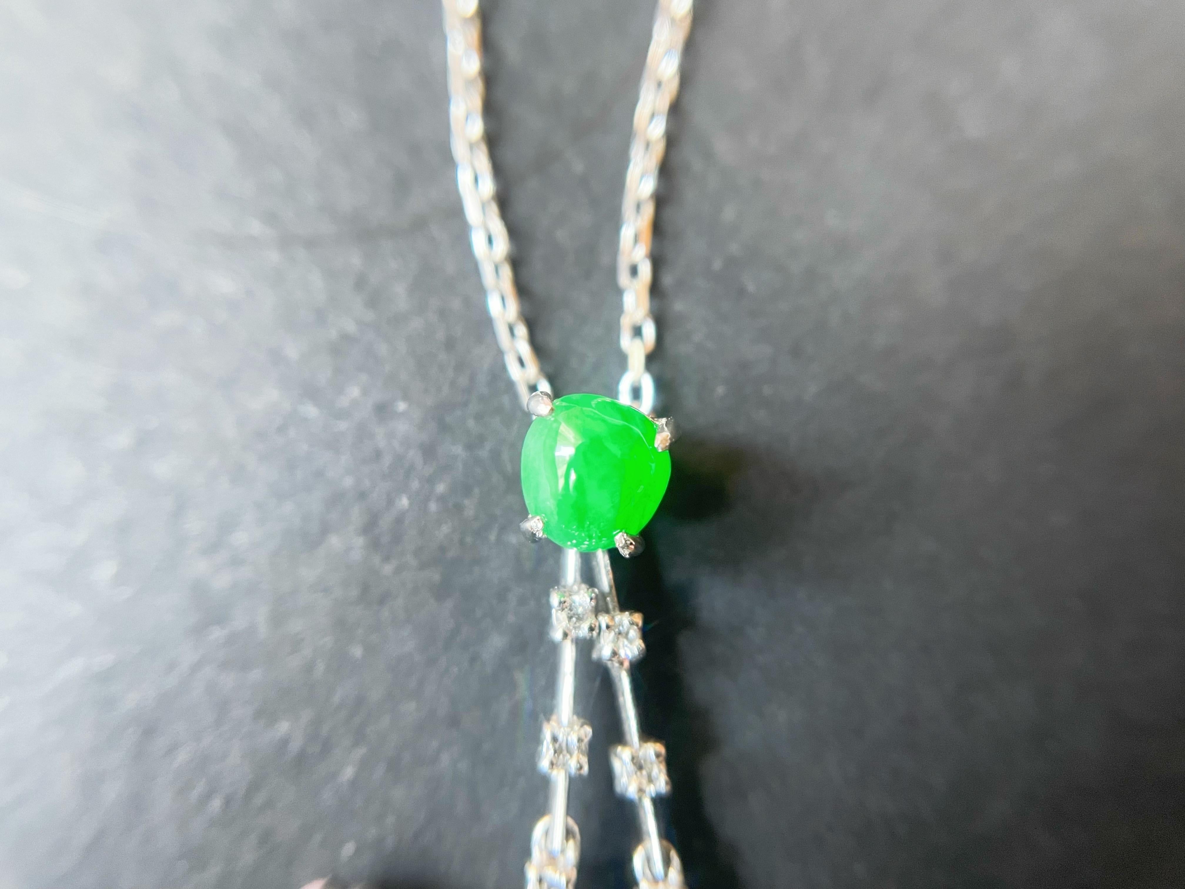 Natural Myanmar Imperial Green Cabochon Jade Pendant, 18K White Gold diamond For Sale 5