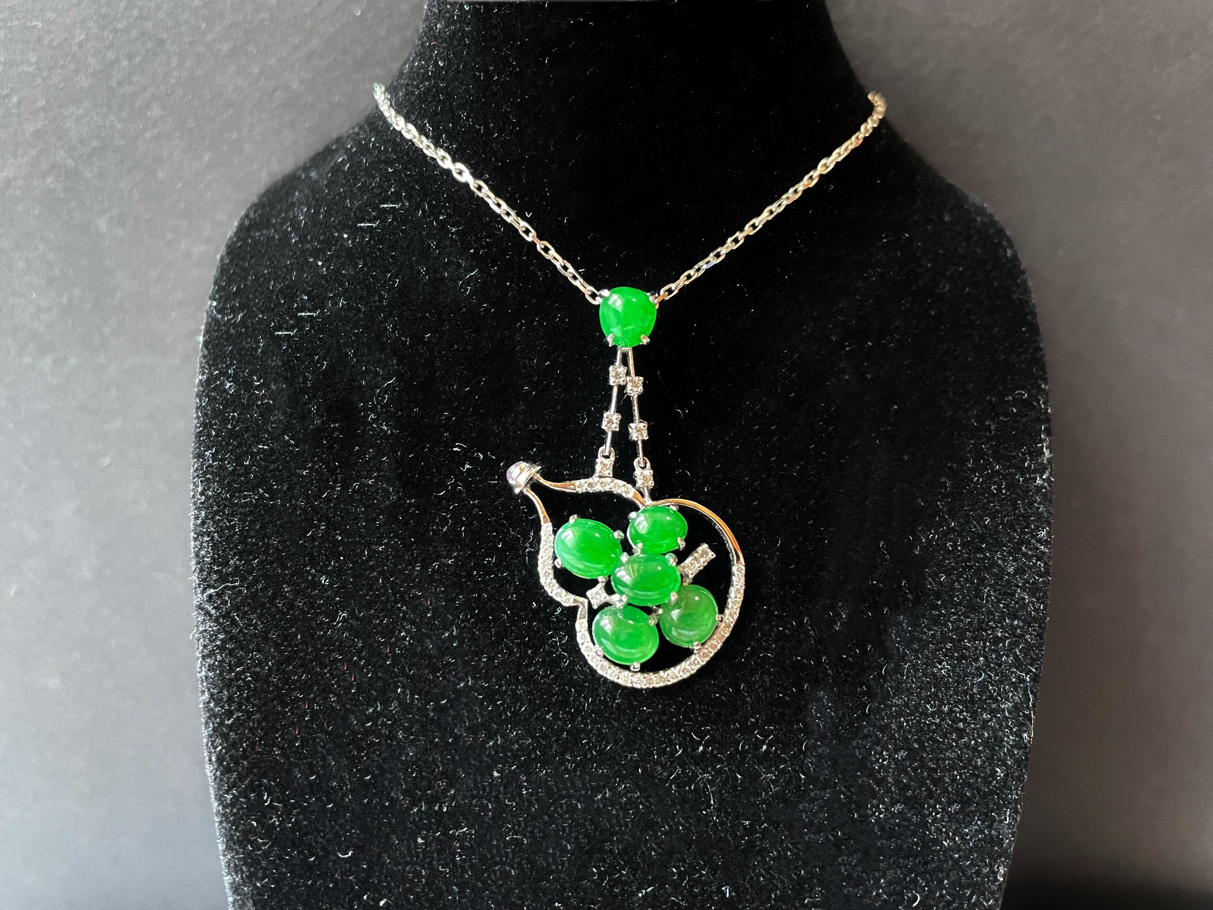 Natural Myanmar Imperial Green Cabochon Jade Pendant, 18K White Gold diamond For Sale 7