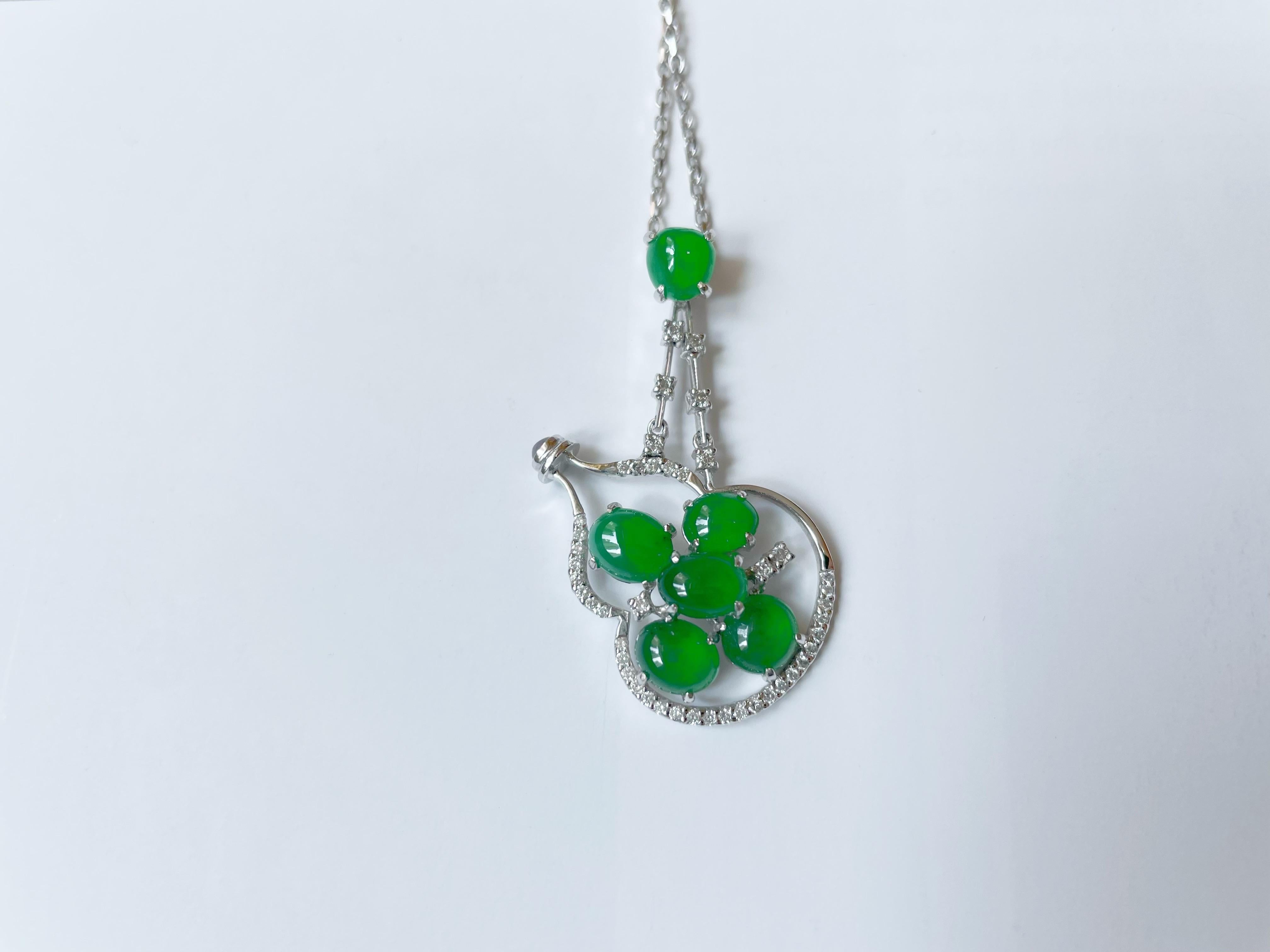 Natural Myanmar Imperial Green Cabochon Jade Pendant, 18K White Gold diamond For Sale 9