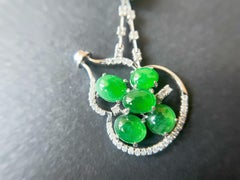 Natural Myanmar Imperial Green Jade Cabochon Pendant, 18K White Gold & Diamond