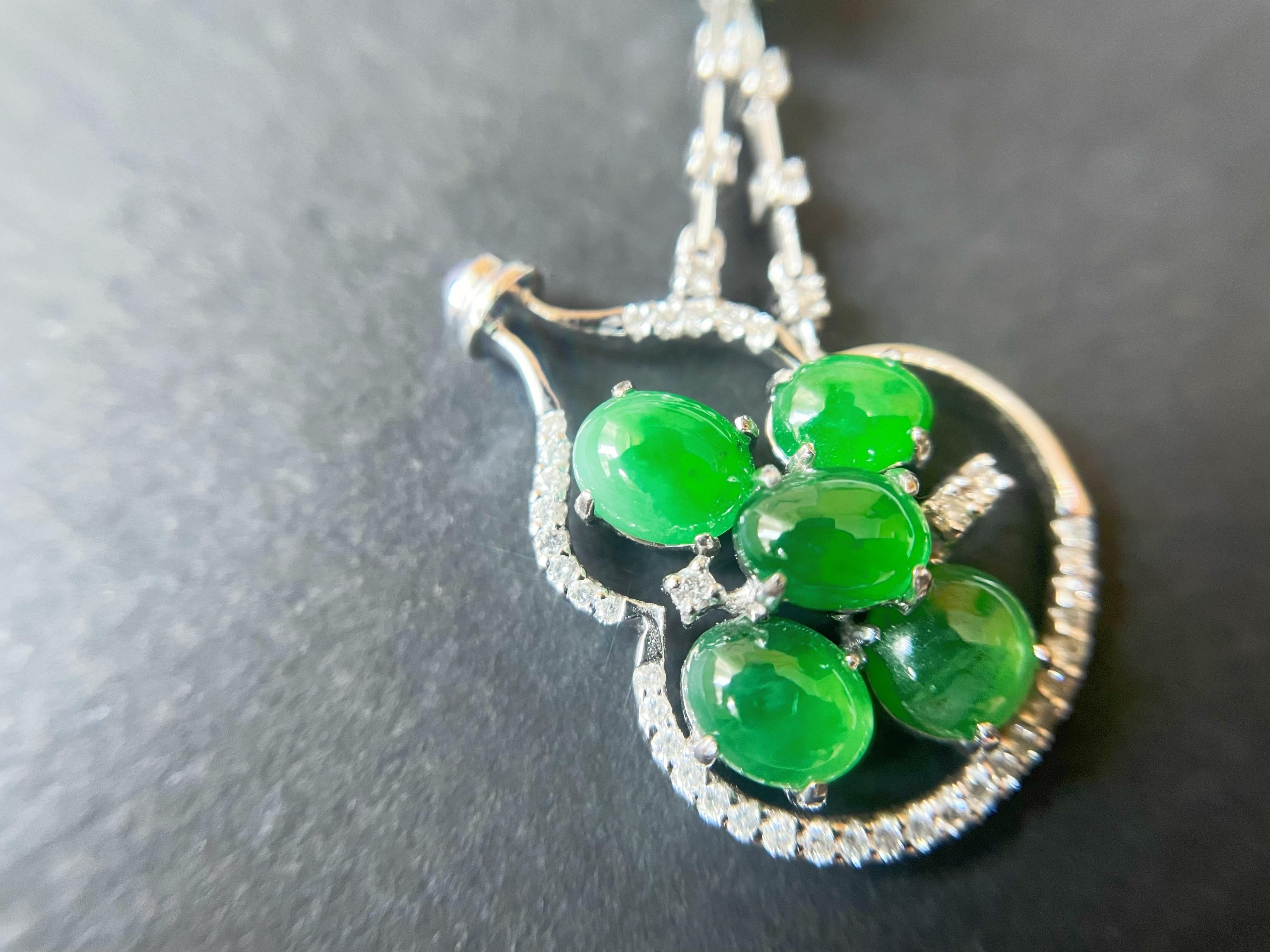 Art Nouveau Natural Myanmar Imperial Green Cabochon Jade Pendant, 18K White Gold diamond For Sale