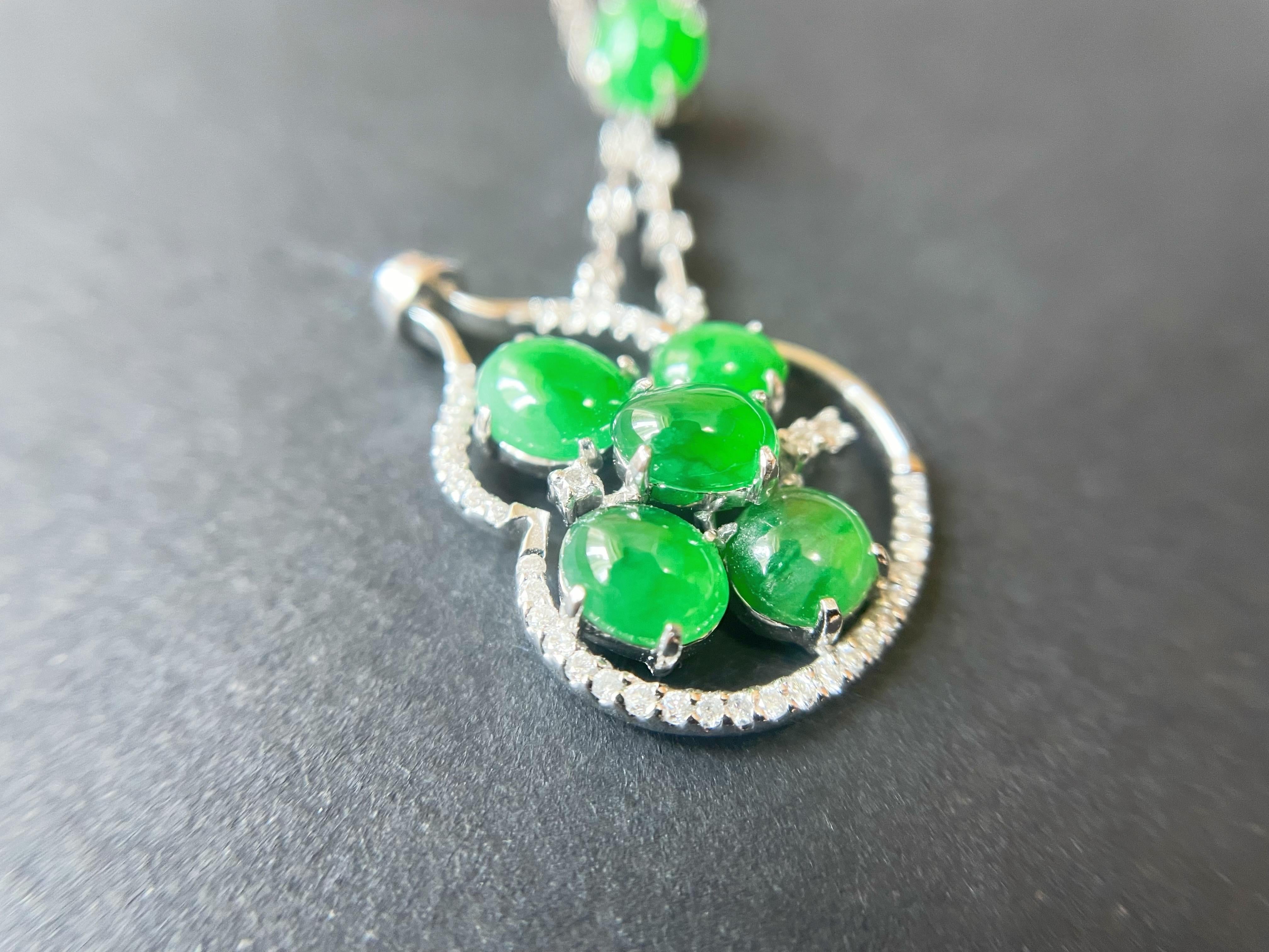 Oval Cut Natural Myanmar Imperial Green Cabochon Jade Pendant, 18K White Gold diamond For Sale