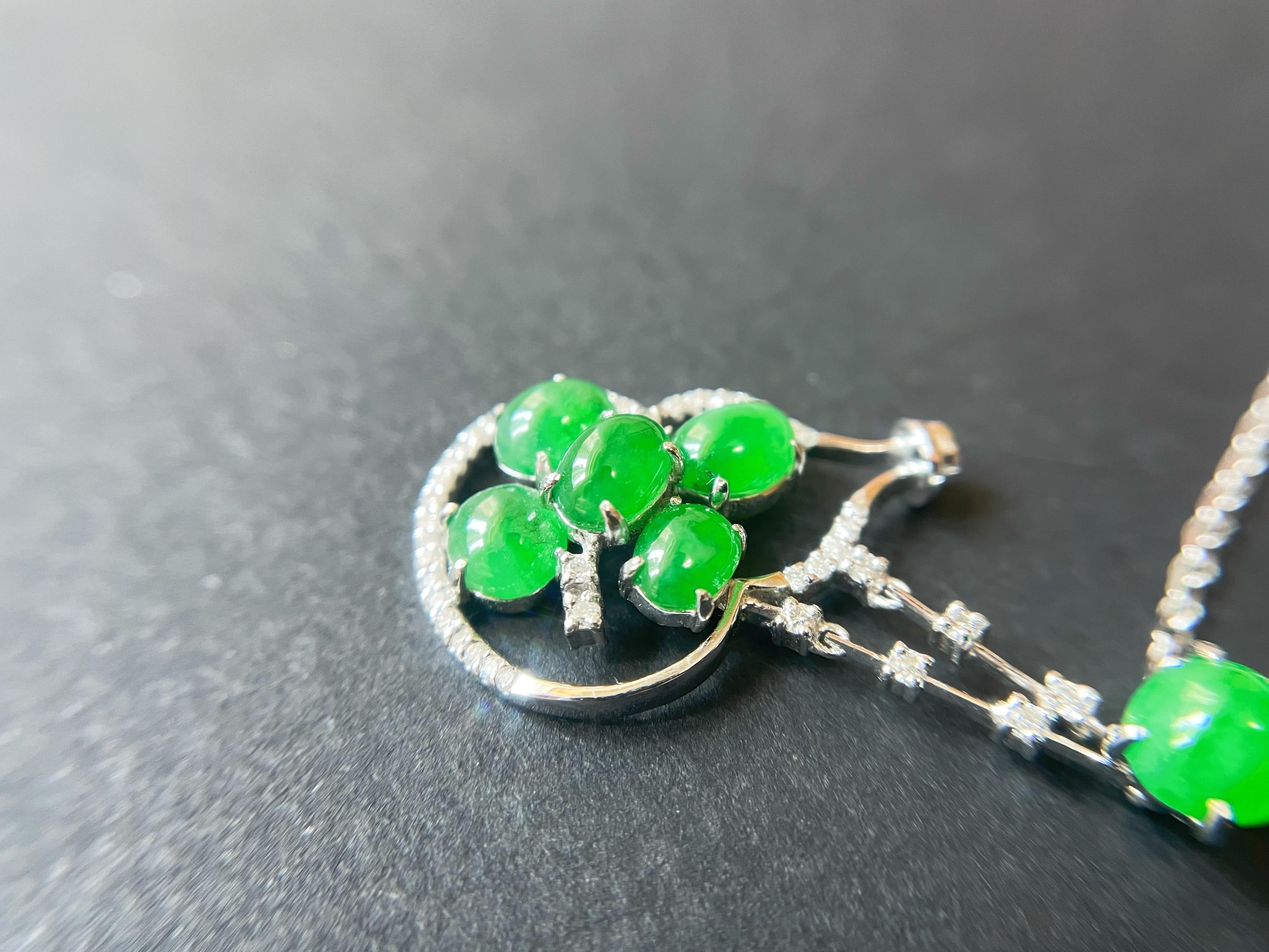 Natural Myanmar Imperial Green Cabochon Jade Pendant, 18K White Gold diamond For Sale 3