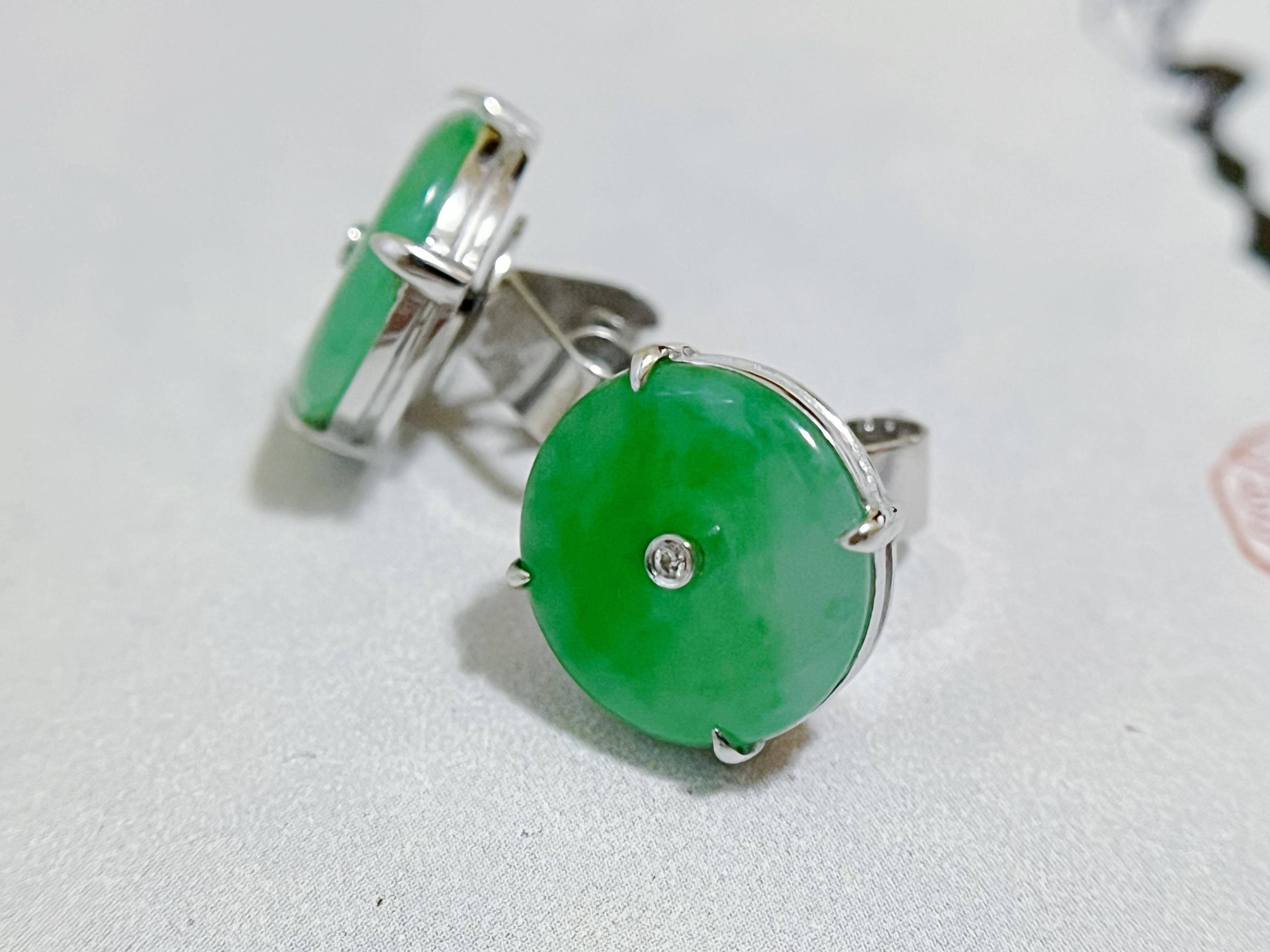 Round Cut Natural Myanmar Imperial Green Donut Jade Earrings in 18K White Gold For Sale