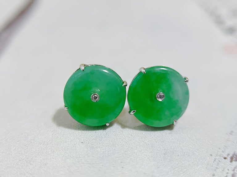 Natural Myanmar Imperial Green Donut Jade Earrings in 18K White