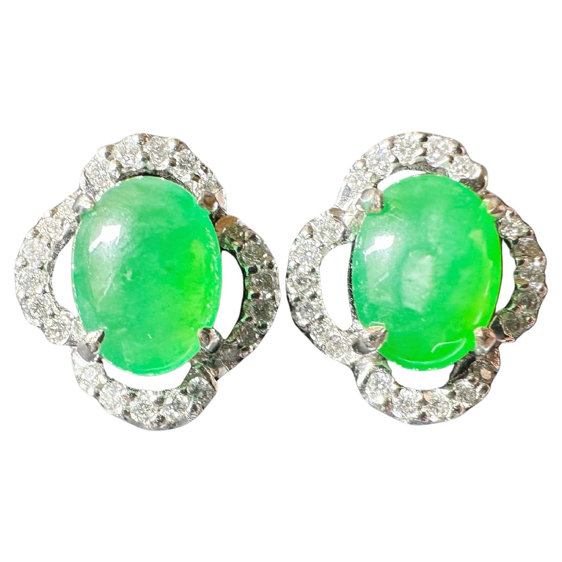 Natural Myanmar Imperial Green Fei Cui Jade Ear Studs Clover Leaf Design