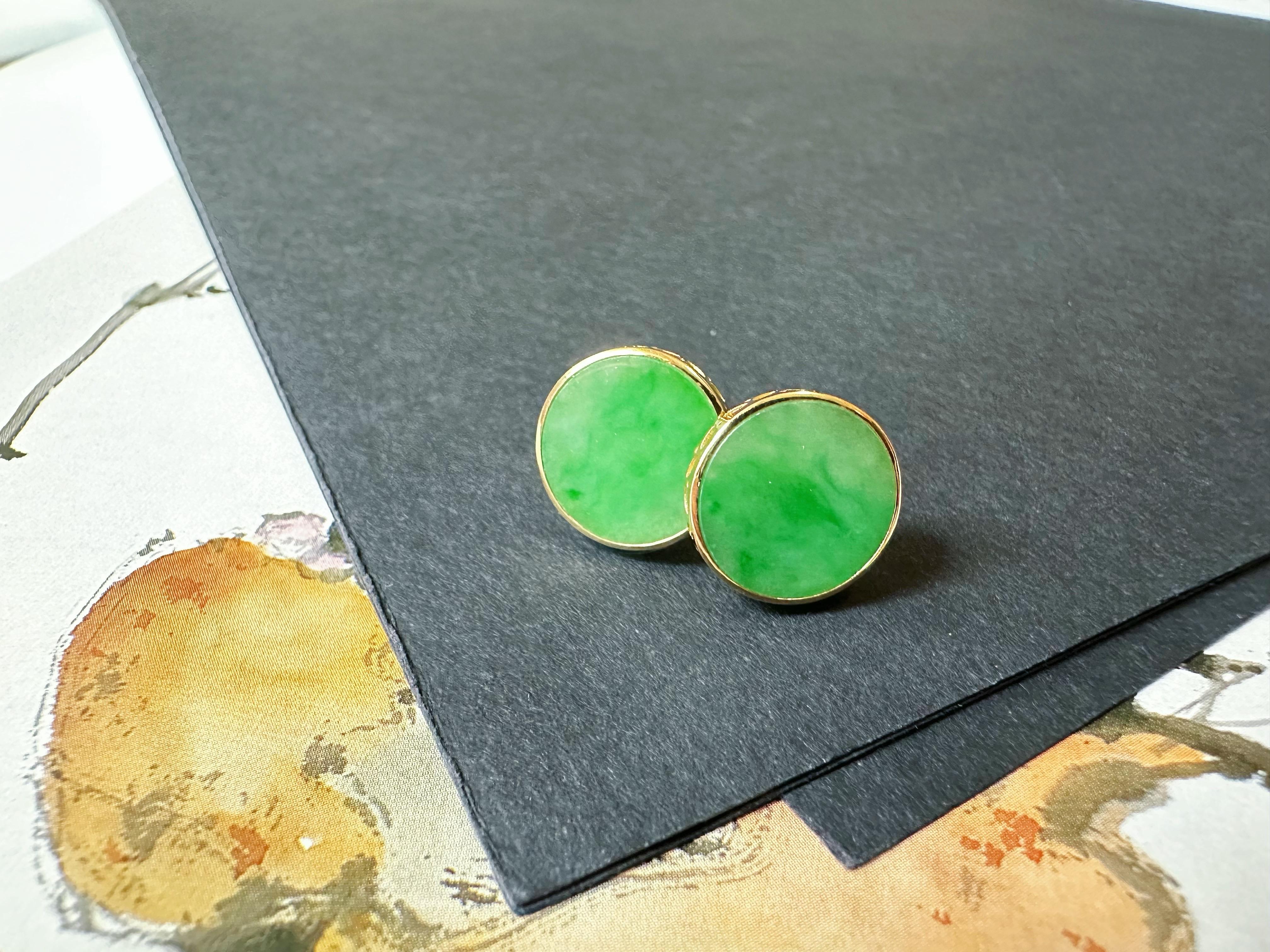 Natural Myanmar Imperial Green Icy Type Round Jadeite Earrings in 18K Gold For Sale 5