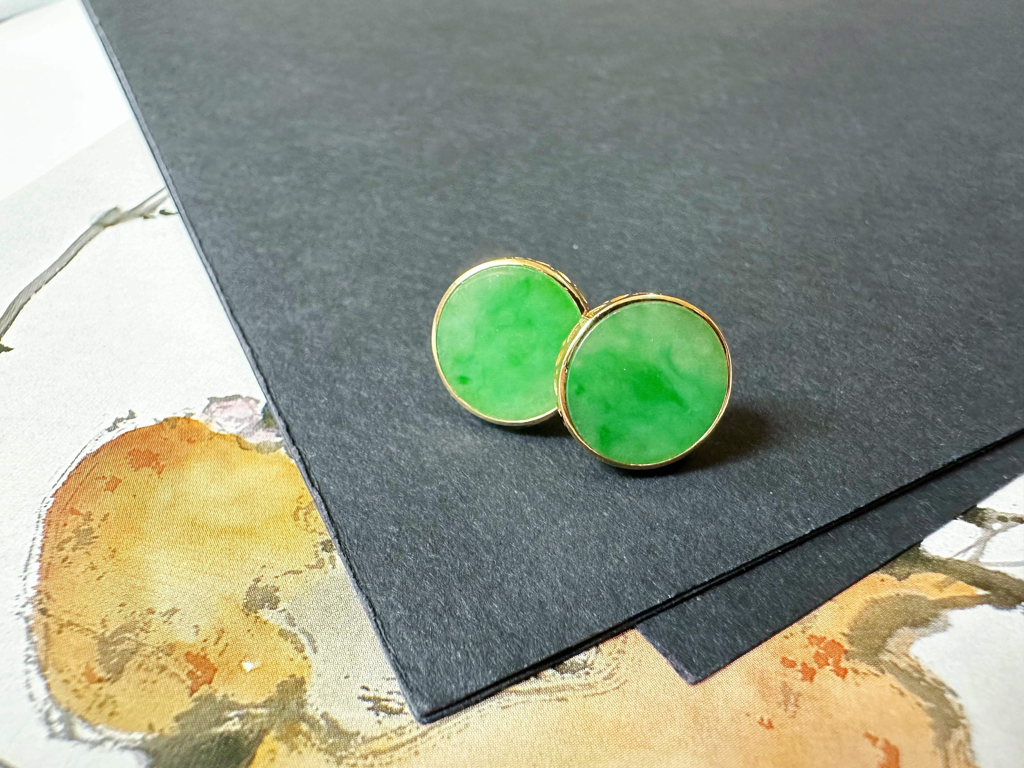 Natural Myanmar Imperial Green Icy Type Round Jadeite Earrings in 18K Gold For Sale 6
