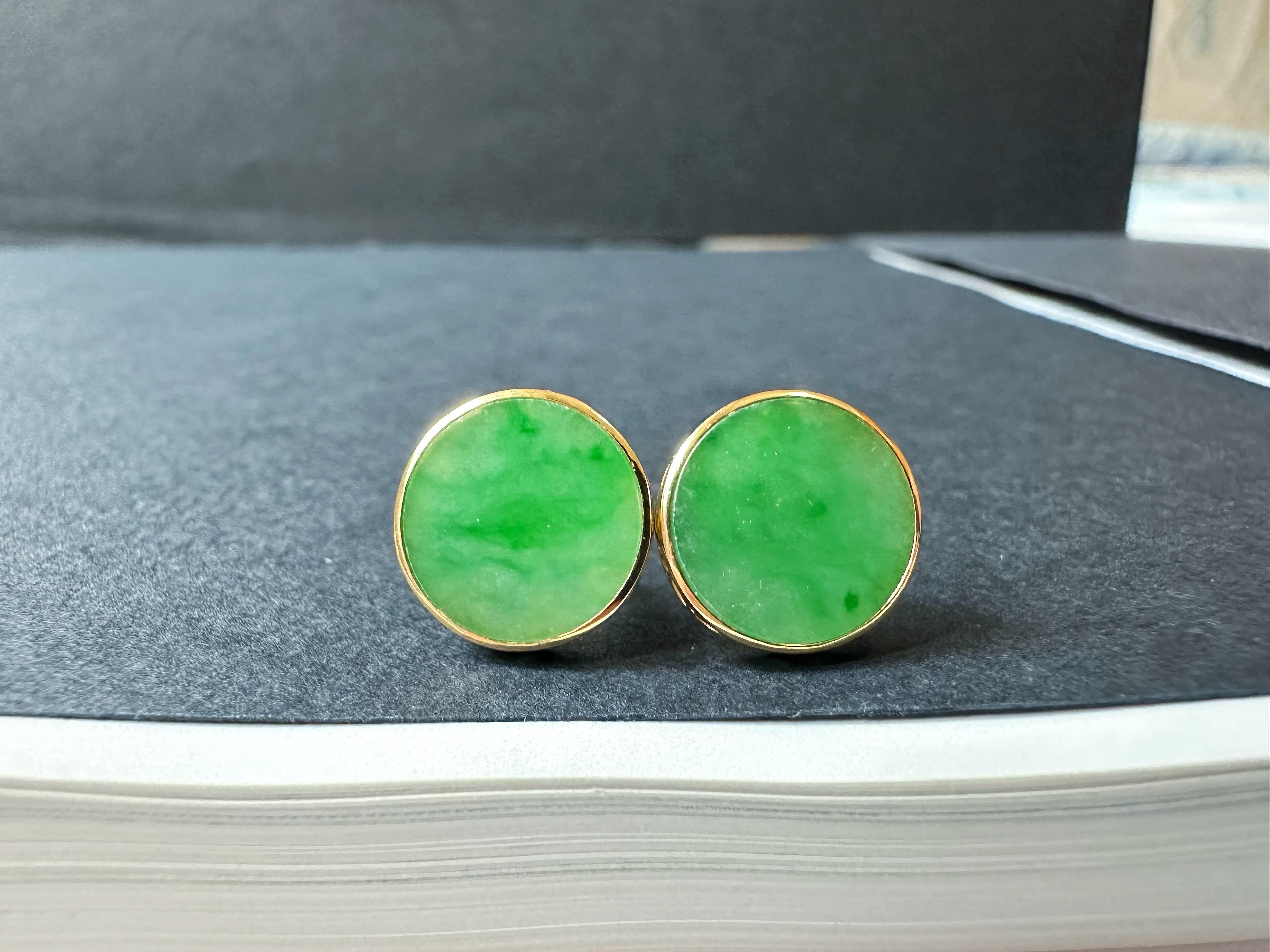 Natural Myanmar Imperial Green Icy Type Round Jadeite Earrings in 18K Gold For Sale 10