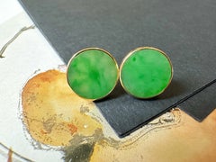 Natural Myanmar Imperial Green Icy Type Round Jadeite Earrings in 18K Gold