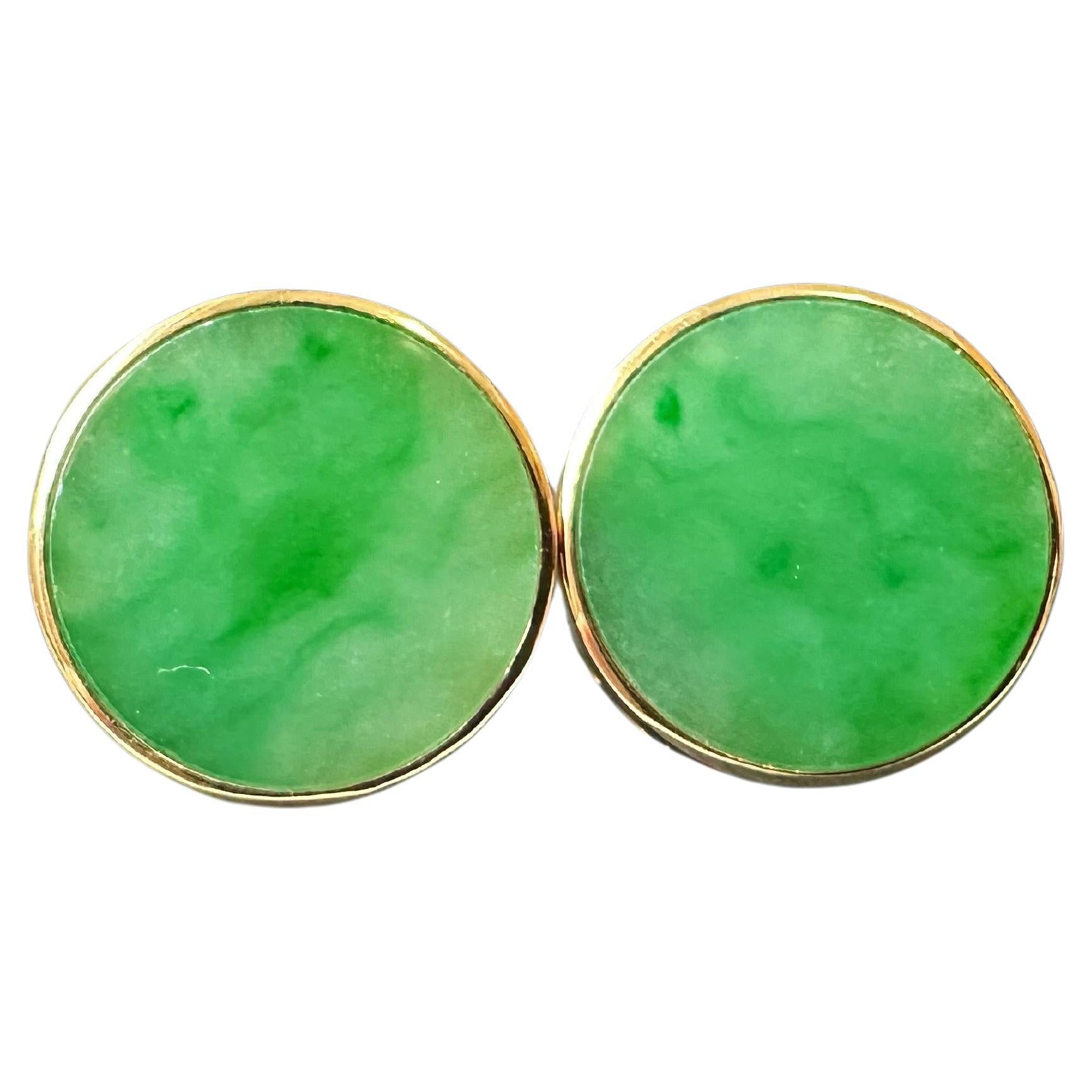 Natural Myanmar Imperial Green Icy Type Round Jadeite Earrings in 18K Gold For Sale