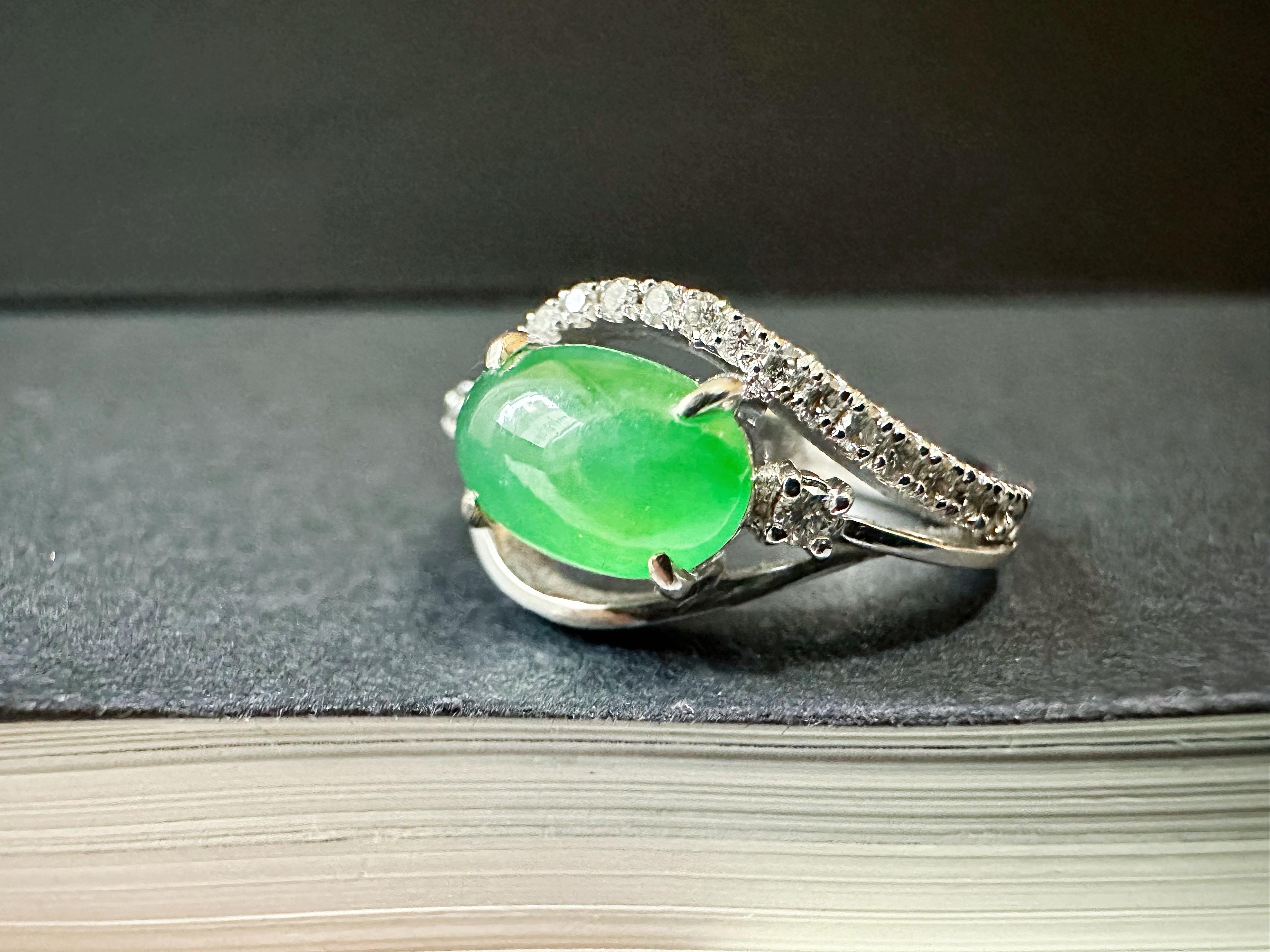 Artisan Natural Myanmar Imperial Green Jade Cabochon Ring in 18K White Gold with Diamond For Sale