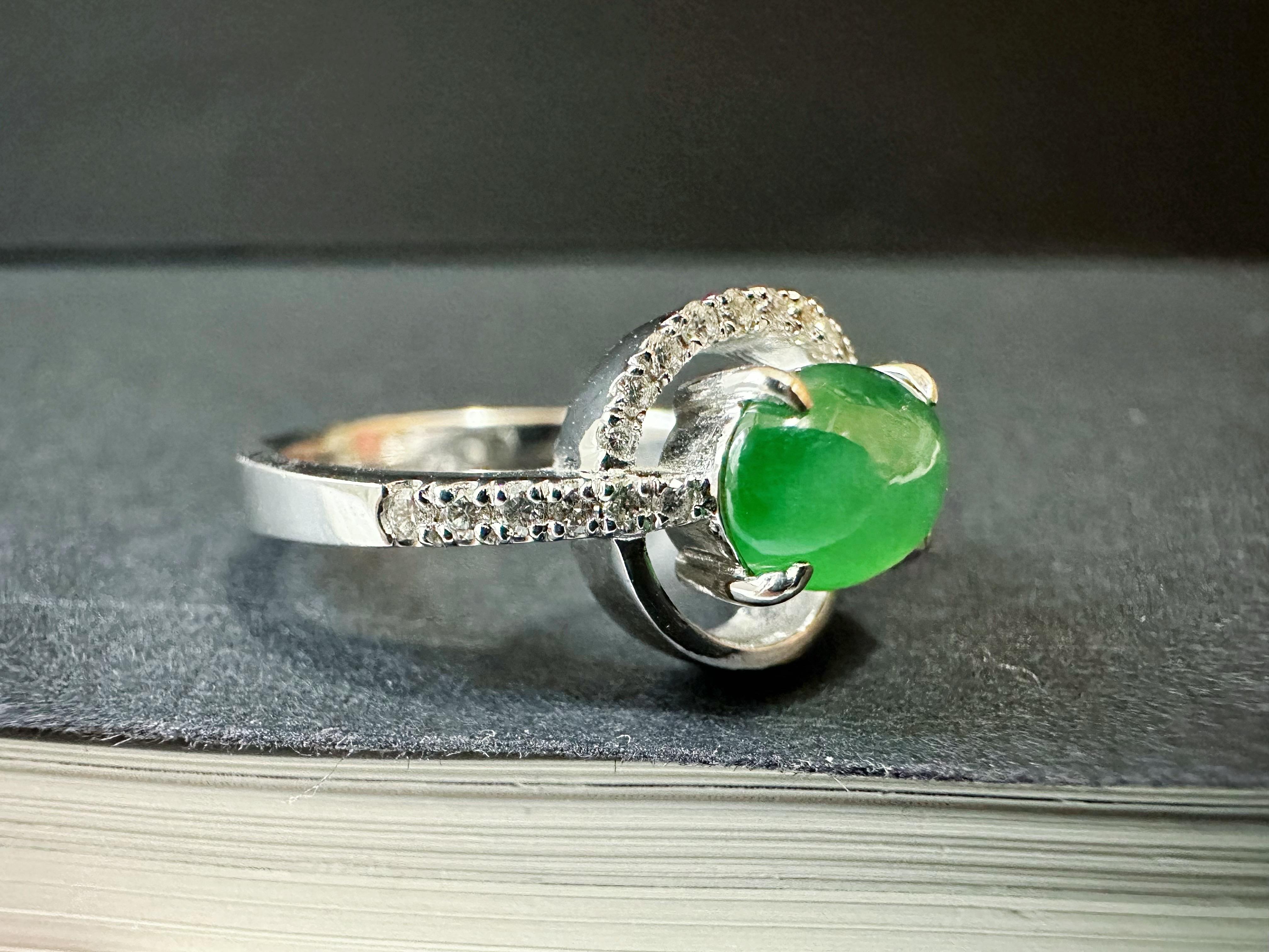 Oval Cut Natural Myanmar Imperial Green Jade Cabochon Ring in 18K White Gold with Diamond For Sale