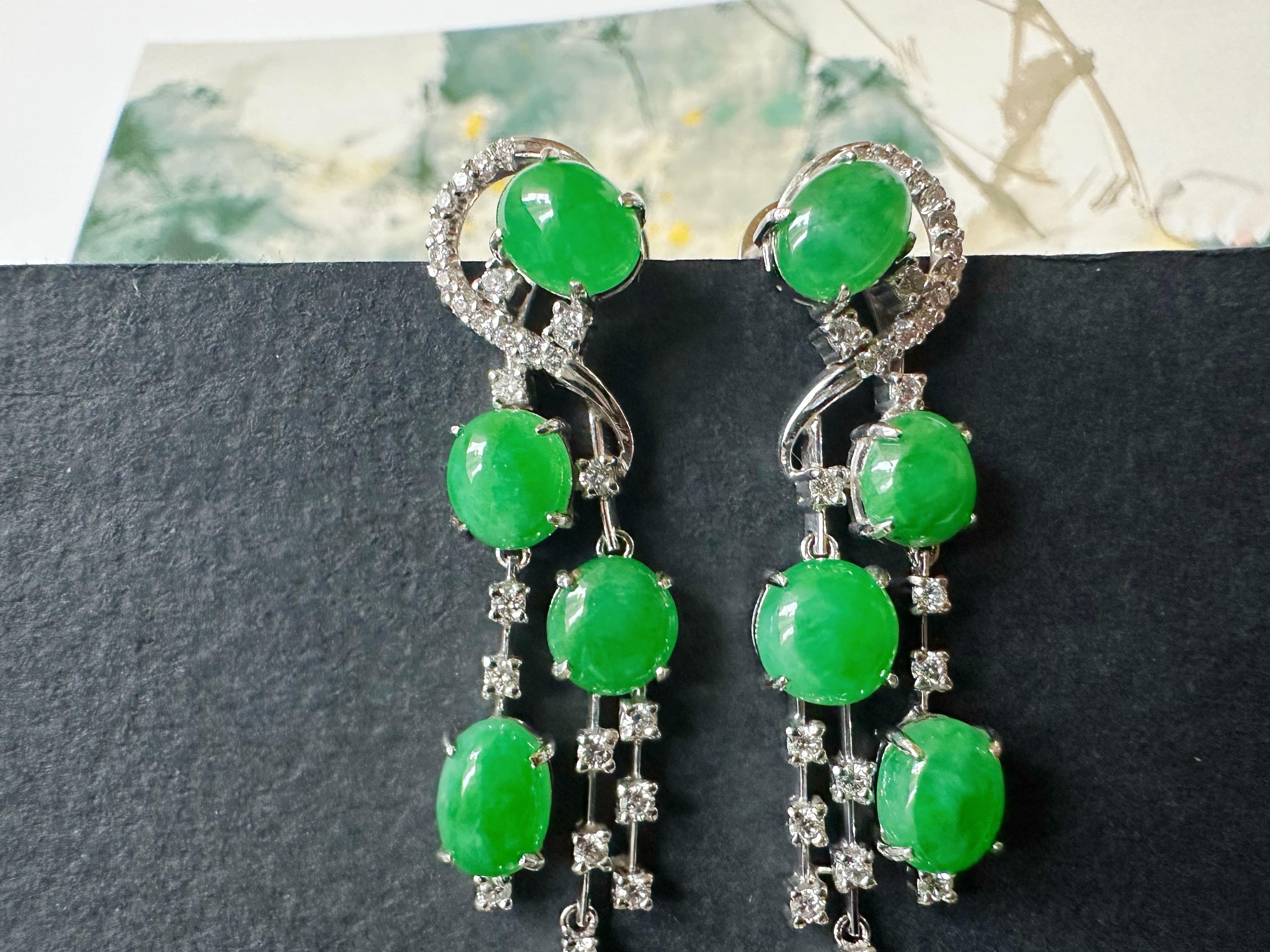 Natural Myanmar Imperial Green Jade Drop Earrings - 18K White Gold with Diamonds For Sale 4