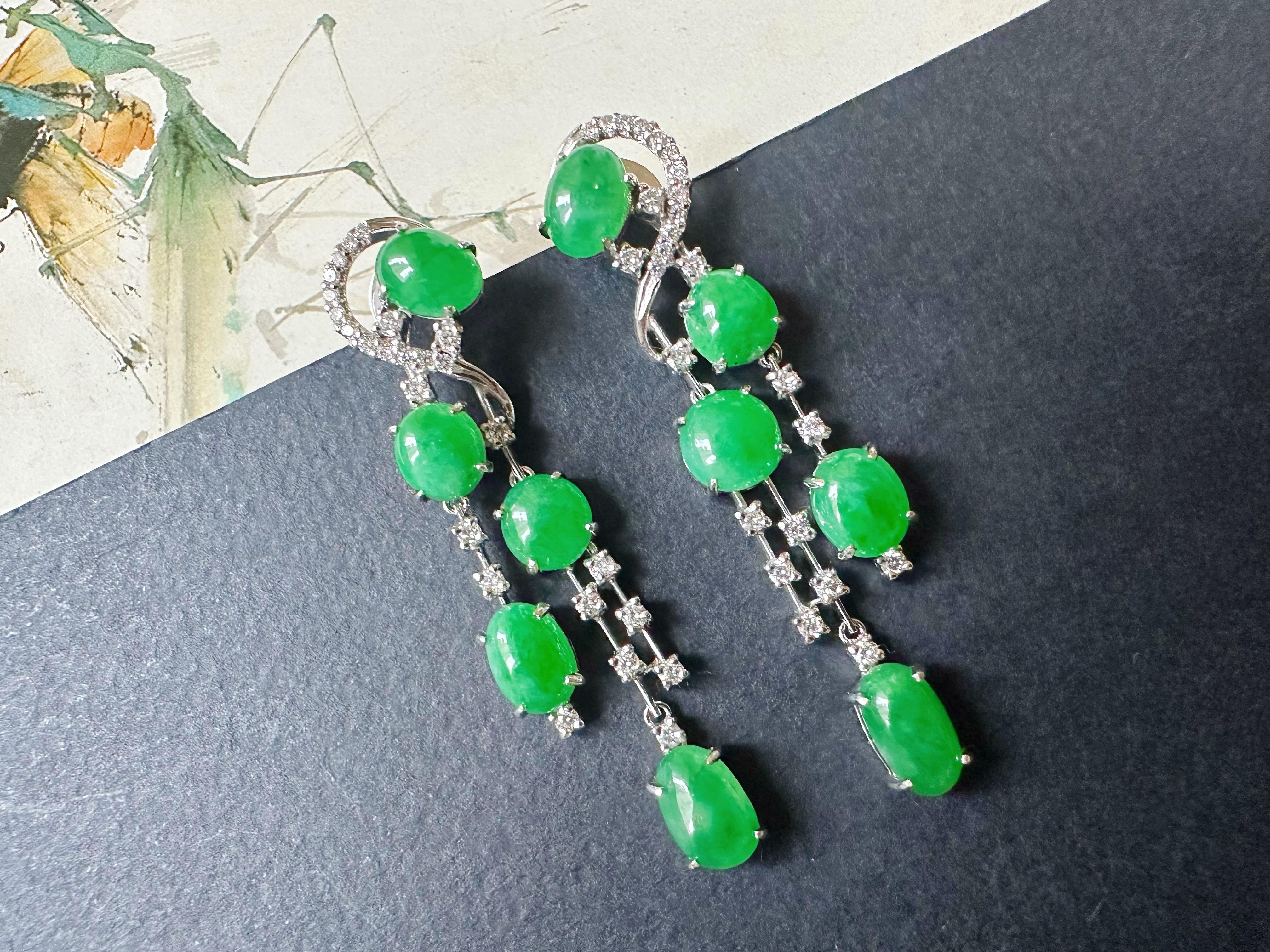 Natural Myanmar Imperial Green Jade Drop Earrings - 18K White Gold with Diamonds For Sale 5