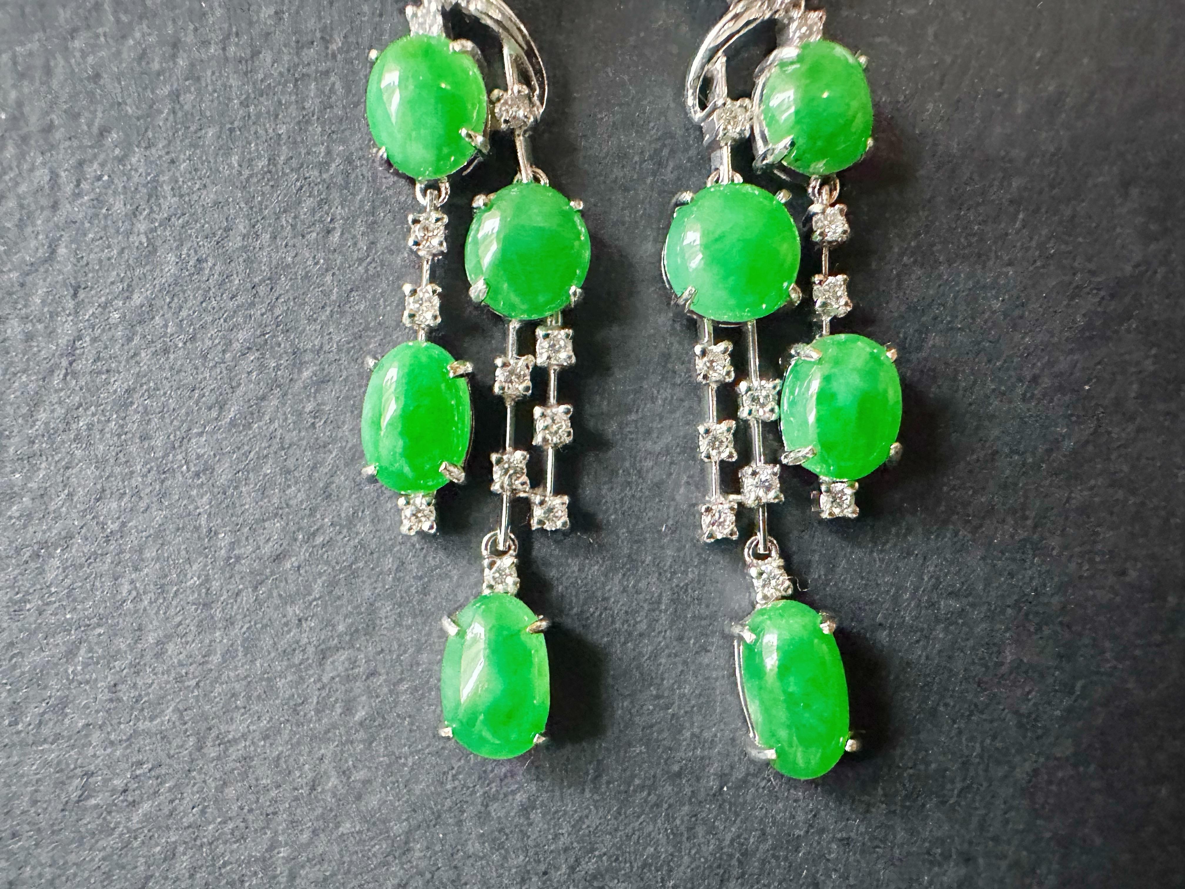 Natural Myanmar Imperial Green Jade Drop Earrings - 18K White Gold with Diamonds For Sale 6