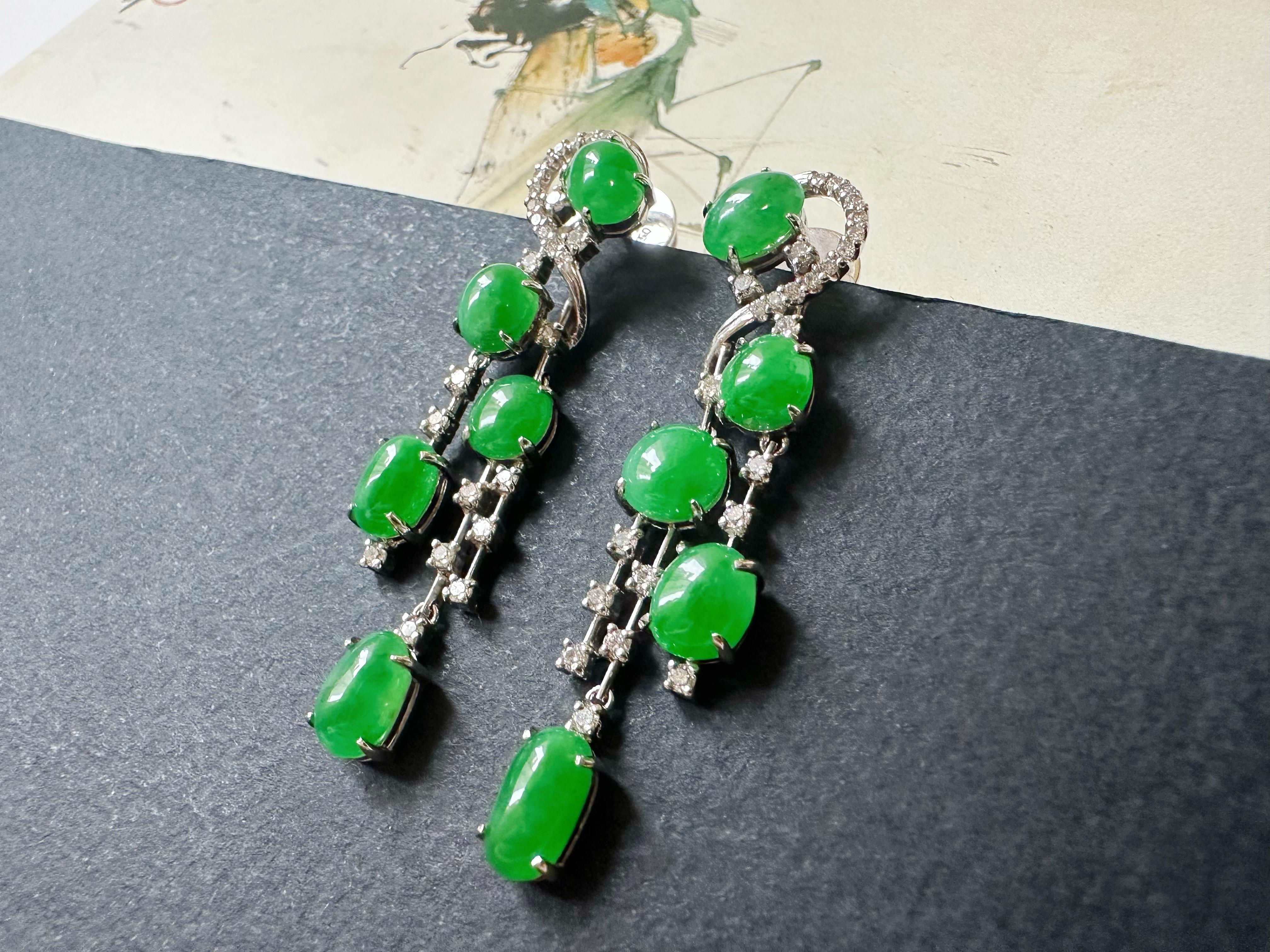 Natural Myanmar Imperial Green Jade Drop Earrings - 18K White Gold with Diamonds For Sale 7
