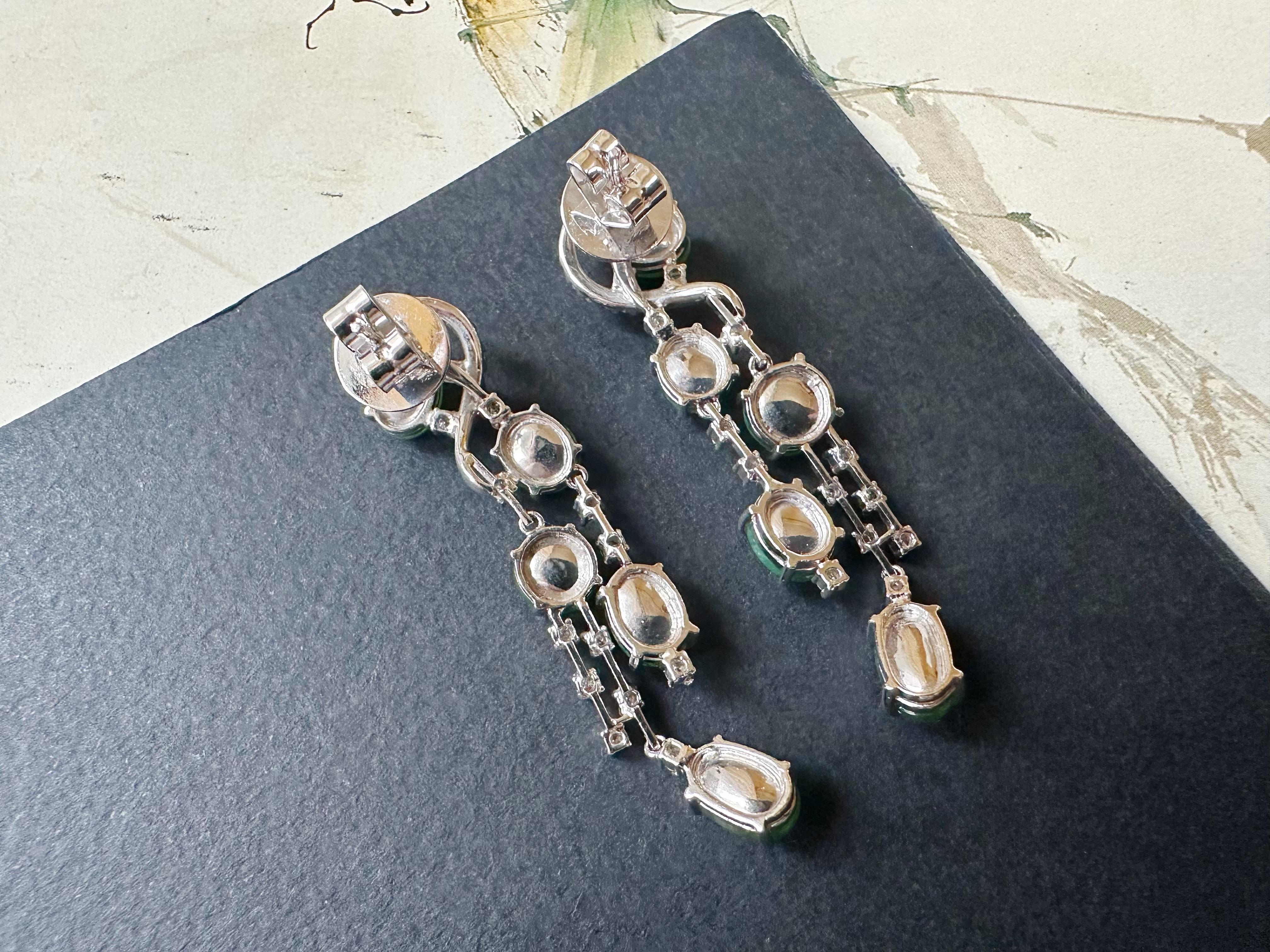 Natural Myanmar Imperial Green Jade Drop Earrings - 18K White Gold with Diamonds For Sale 9