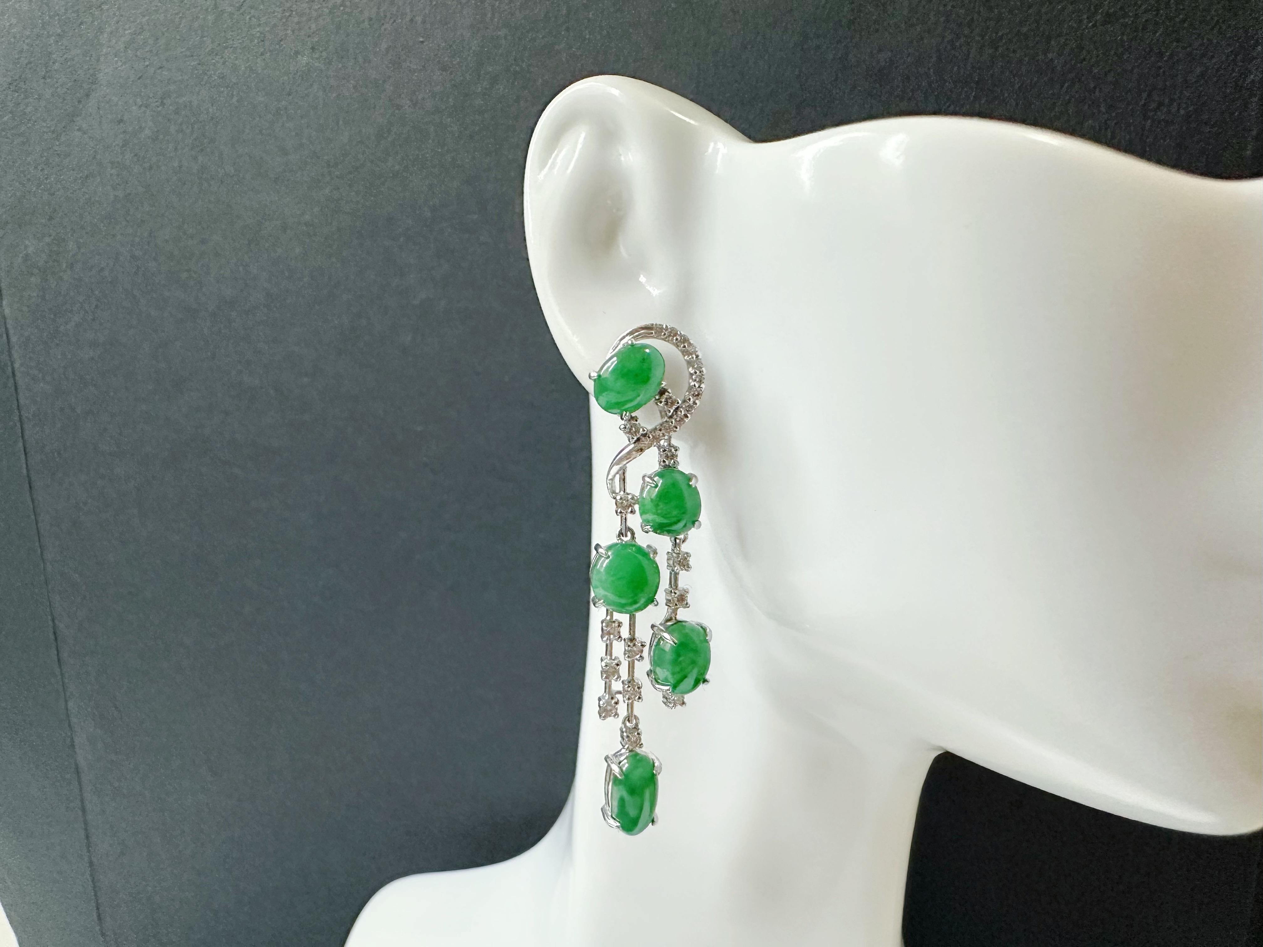 Natural Myanmar Imperial Green Jade Drop Earrings - 18K White Gold with Diamonds For Sale 10