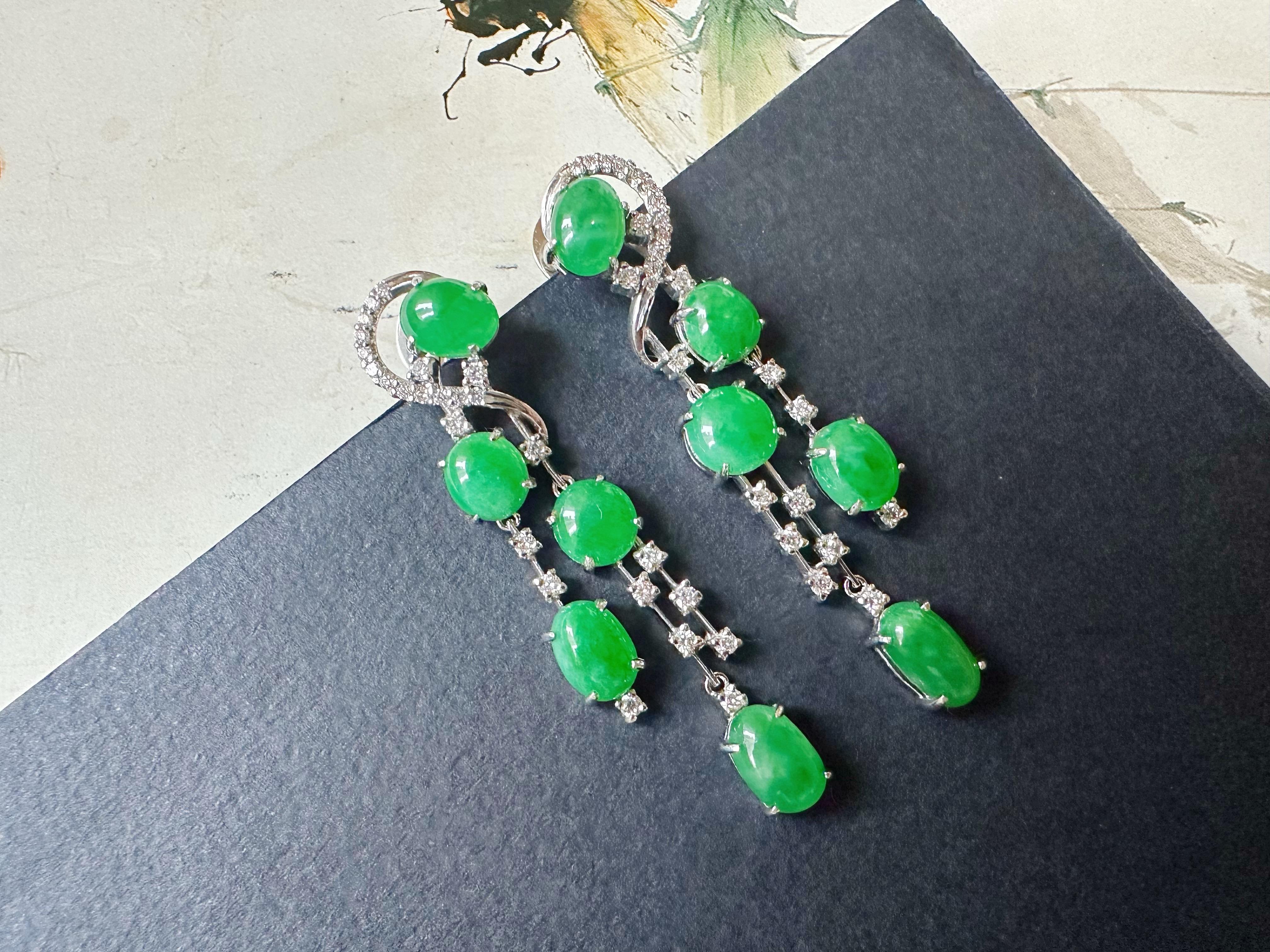Natural Myanmar Imperial Green Jade Drop Earrings - 18K White Gold with Diamonds For Sale 11