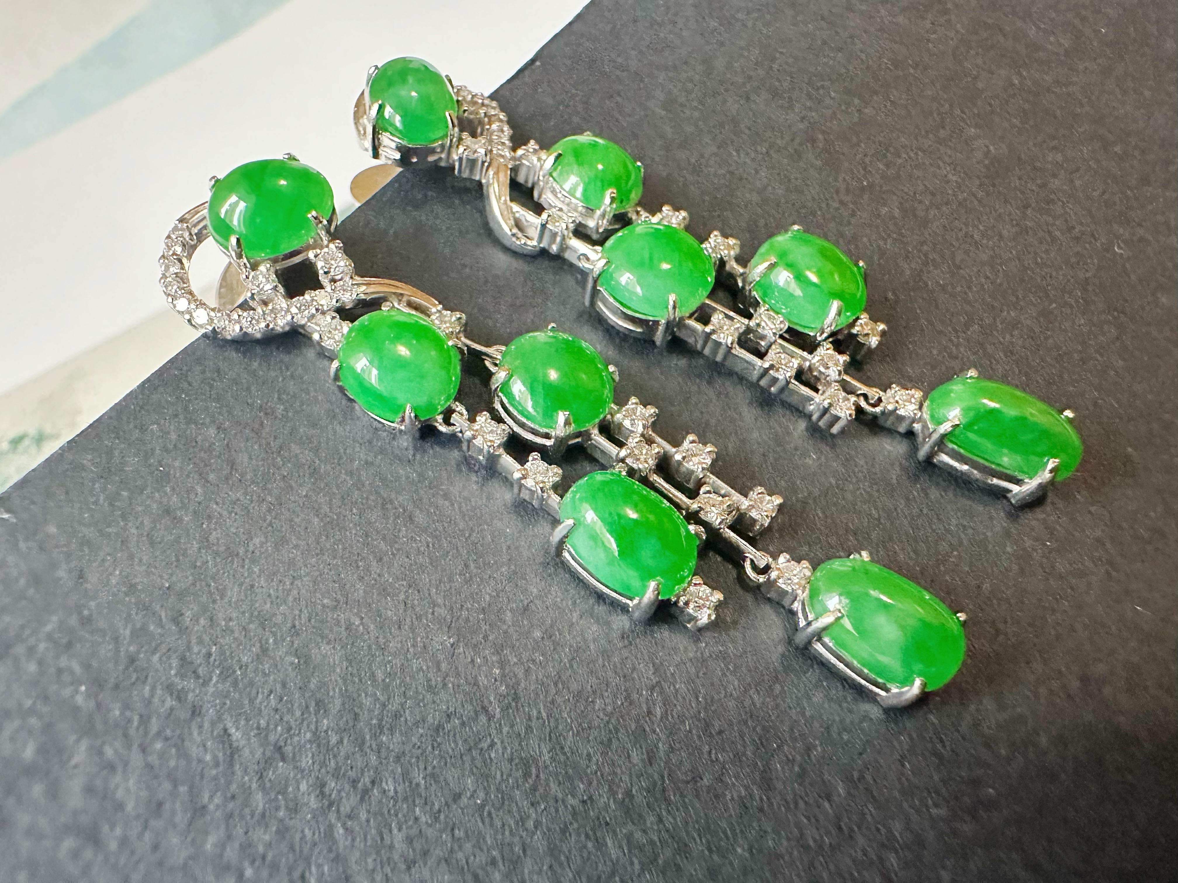 Natural Myanmar Imperial Green Jade Drop Earrings - 18K White Gold with Diamonds For Sale 12