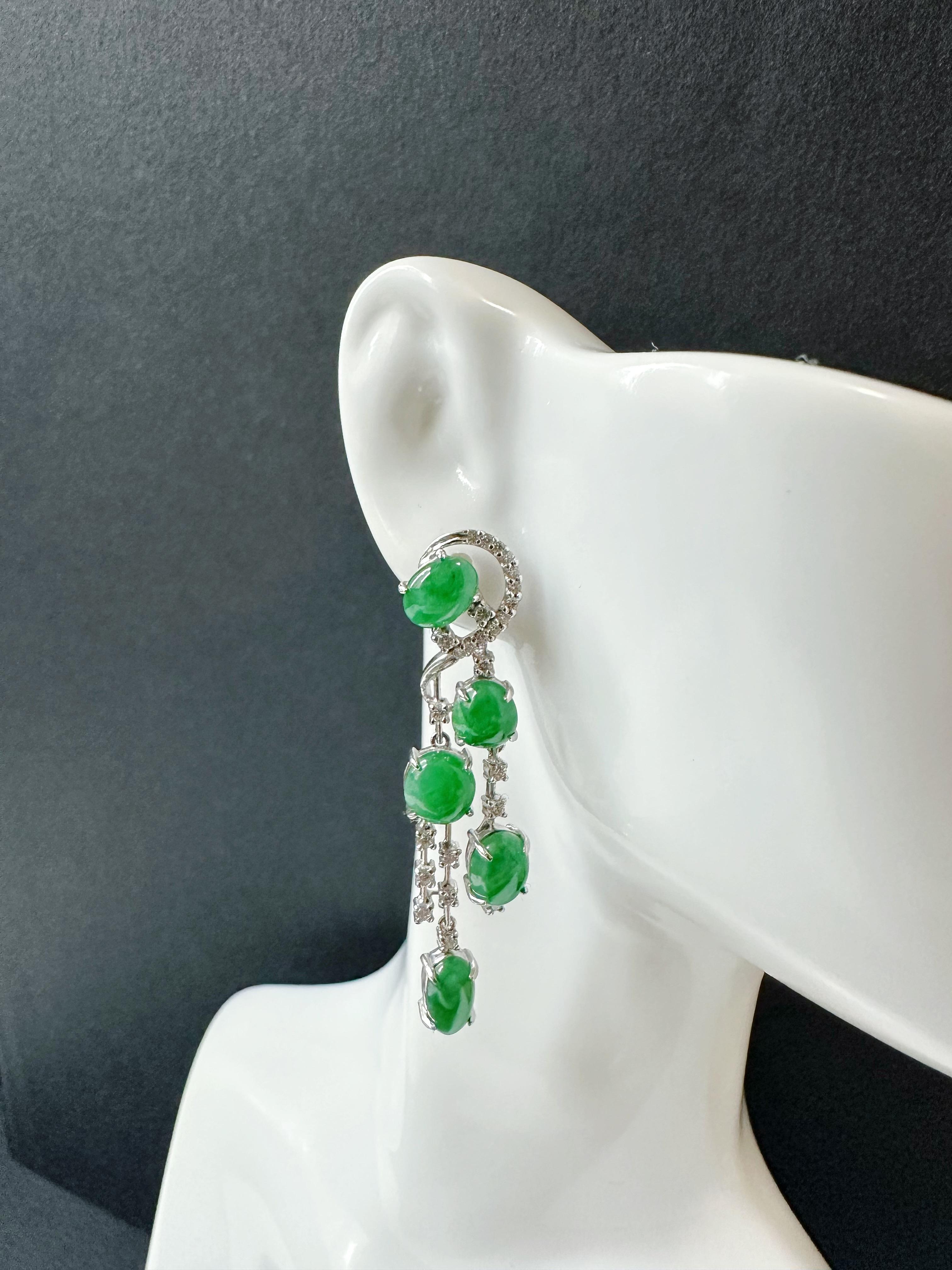 Natural Myanmar Imperial Green Jade Drop Earrings - 18K White Gold with Diamonds For Sale 13