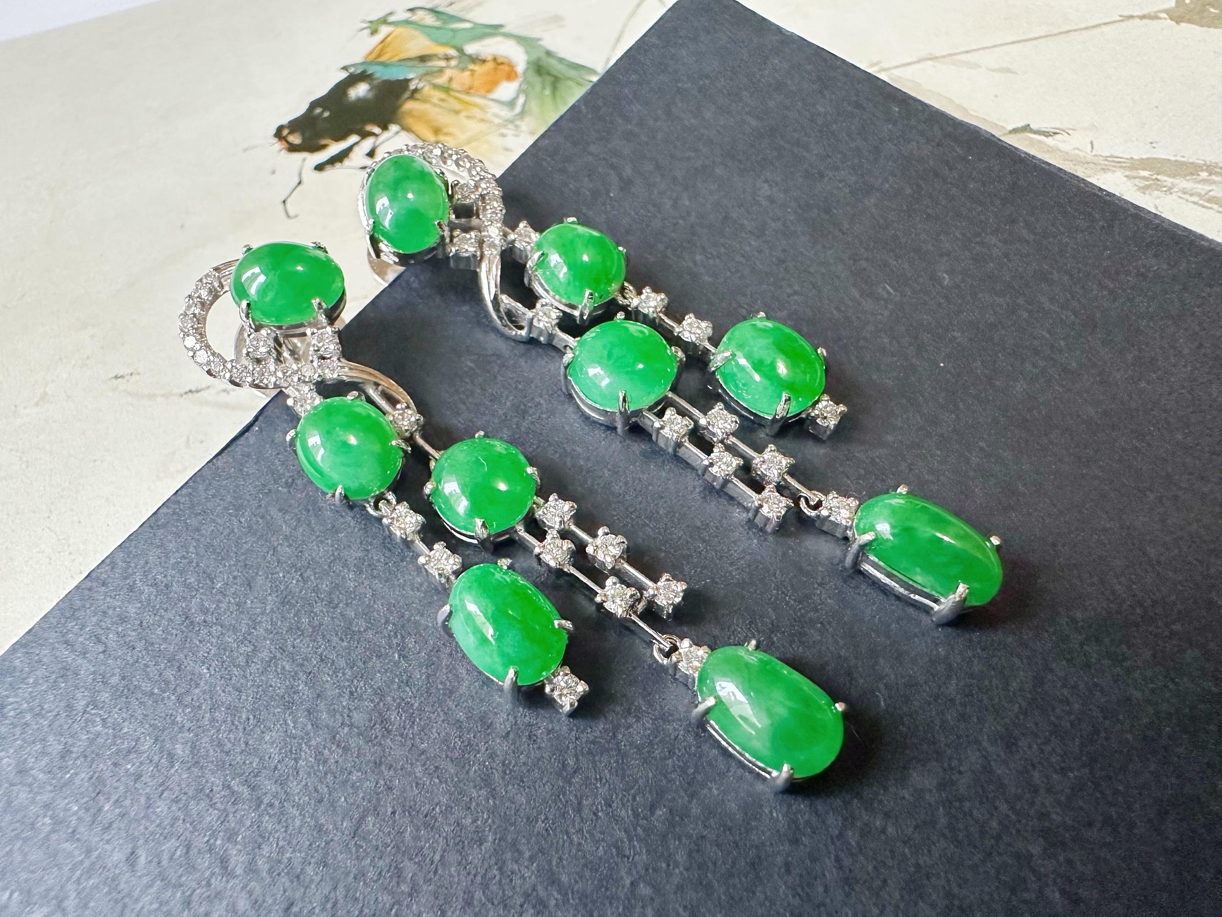 Natural Myanmar Imperial Green Jade Drop Earrings - 18K White Gold with Diamonds For Sale 14