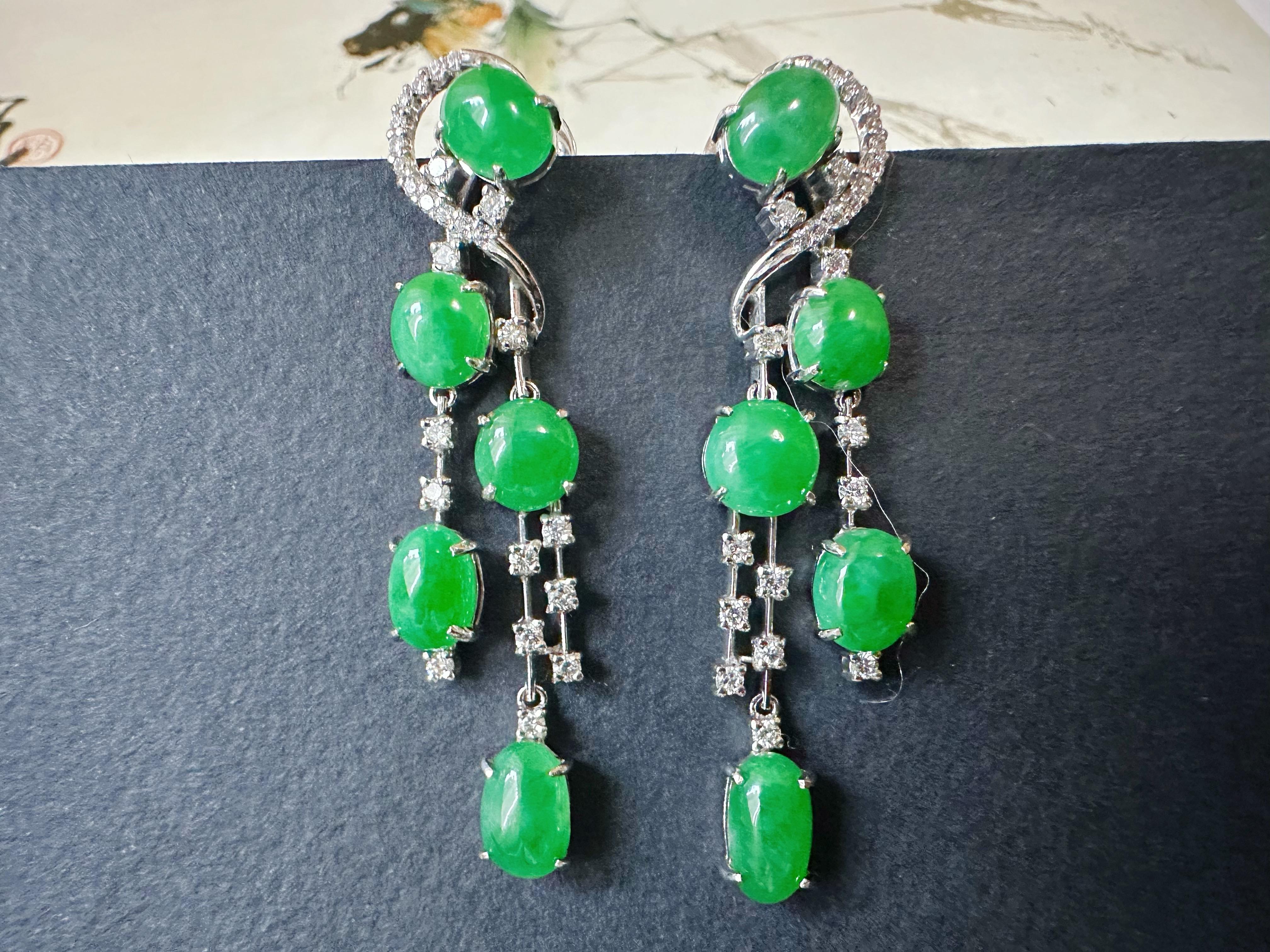 Oval Cut Natural Myanmar Imperial Green Jade Drop Earrings - 18K White Gold with Diamonds For Sale
