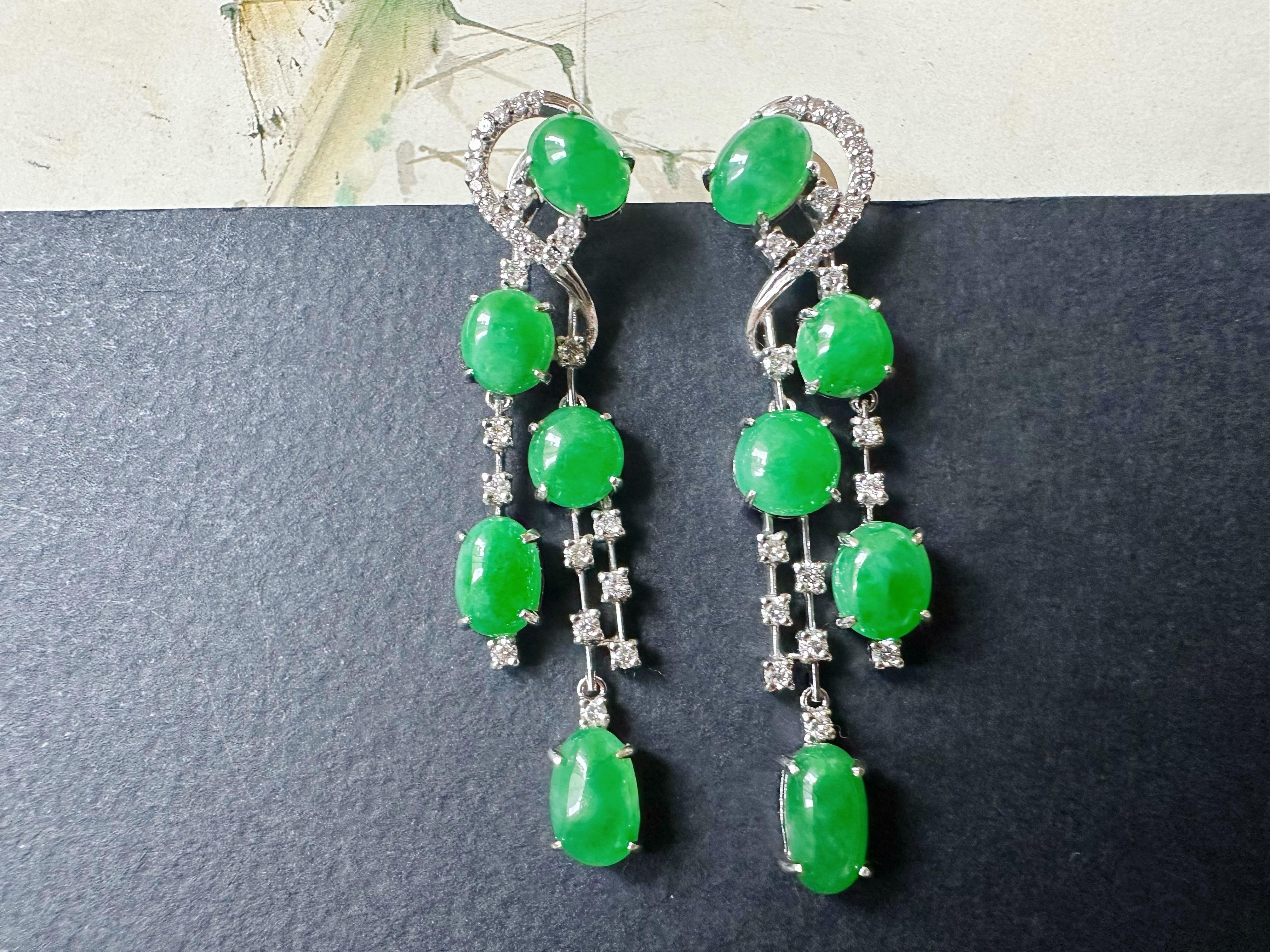 Women's or Men's Natural Myanmar Imperial Green Jade Drop Earrings - 18K White Gold with Diamonds For Sale