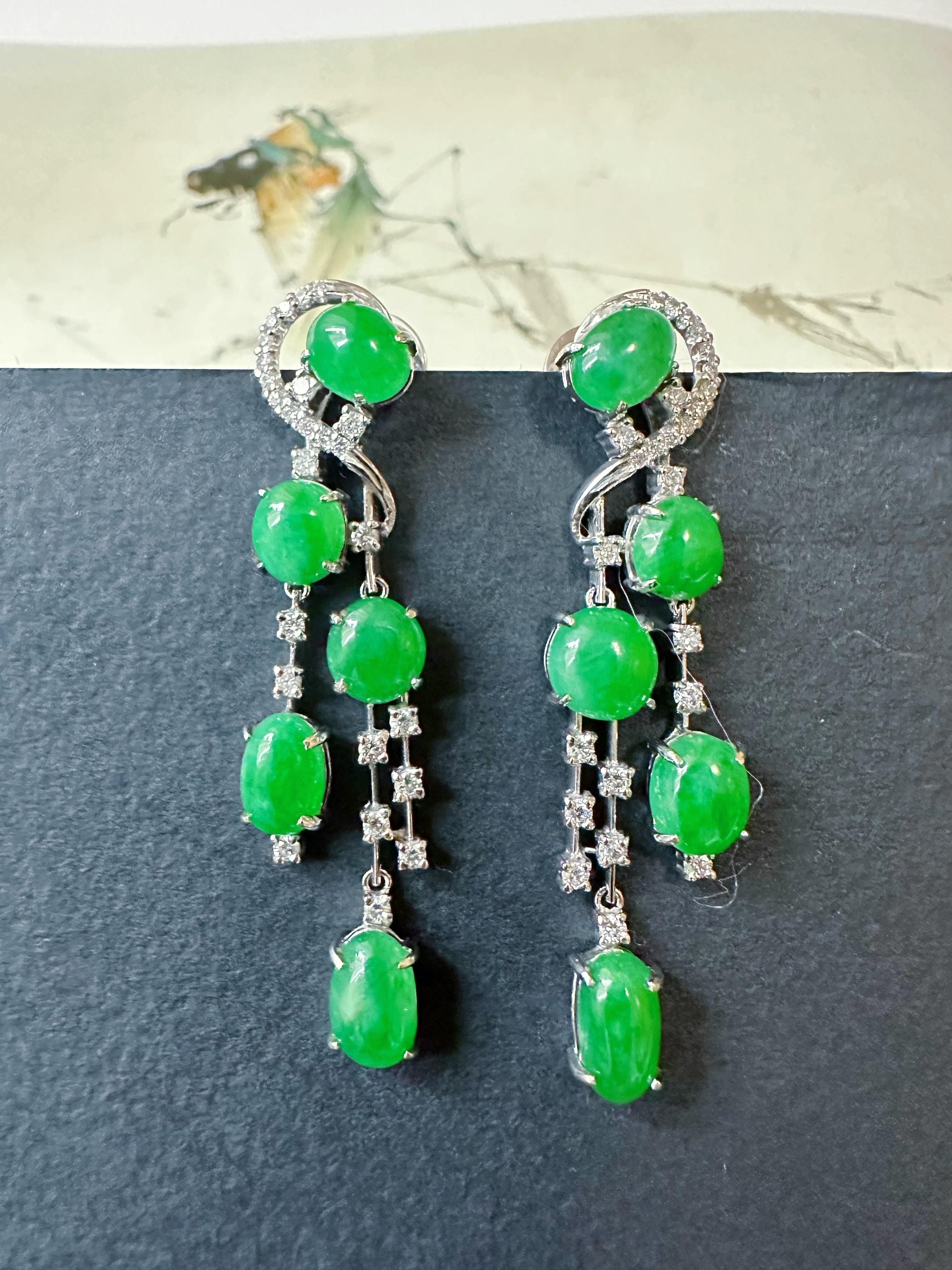 Natural Myanmar Imperial Green Jade Drop Earrings - 18K White Gold with Diamonds For Sale 1