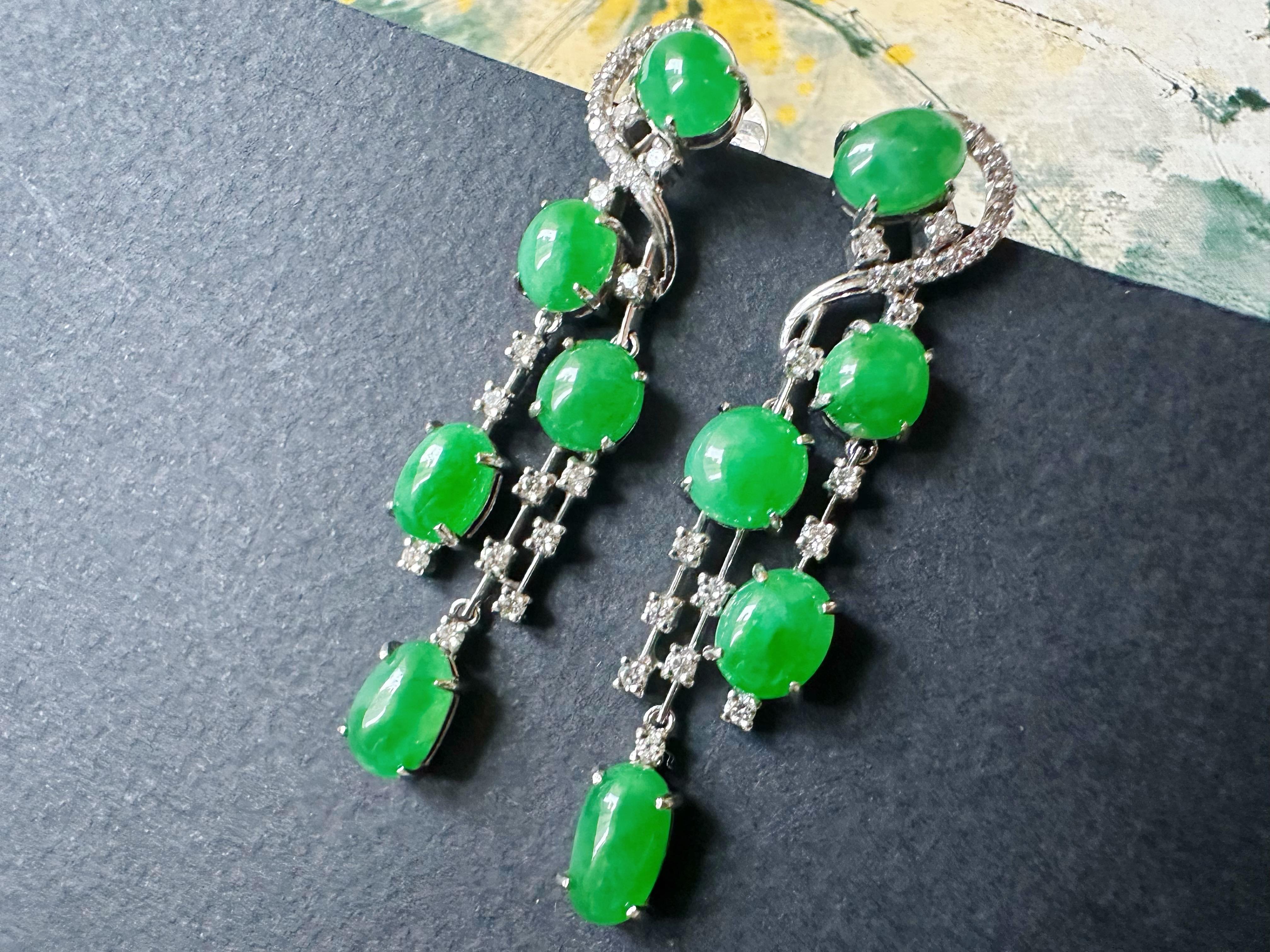 Natural Myanmar Imperial Green Jade Drop Earrings - 18K White Gold with Diamonds For Sale 2