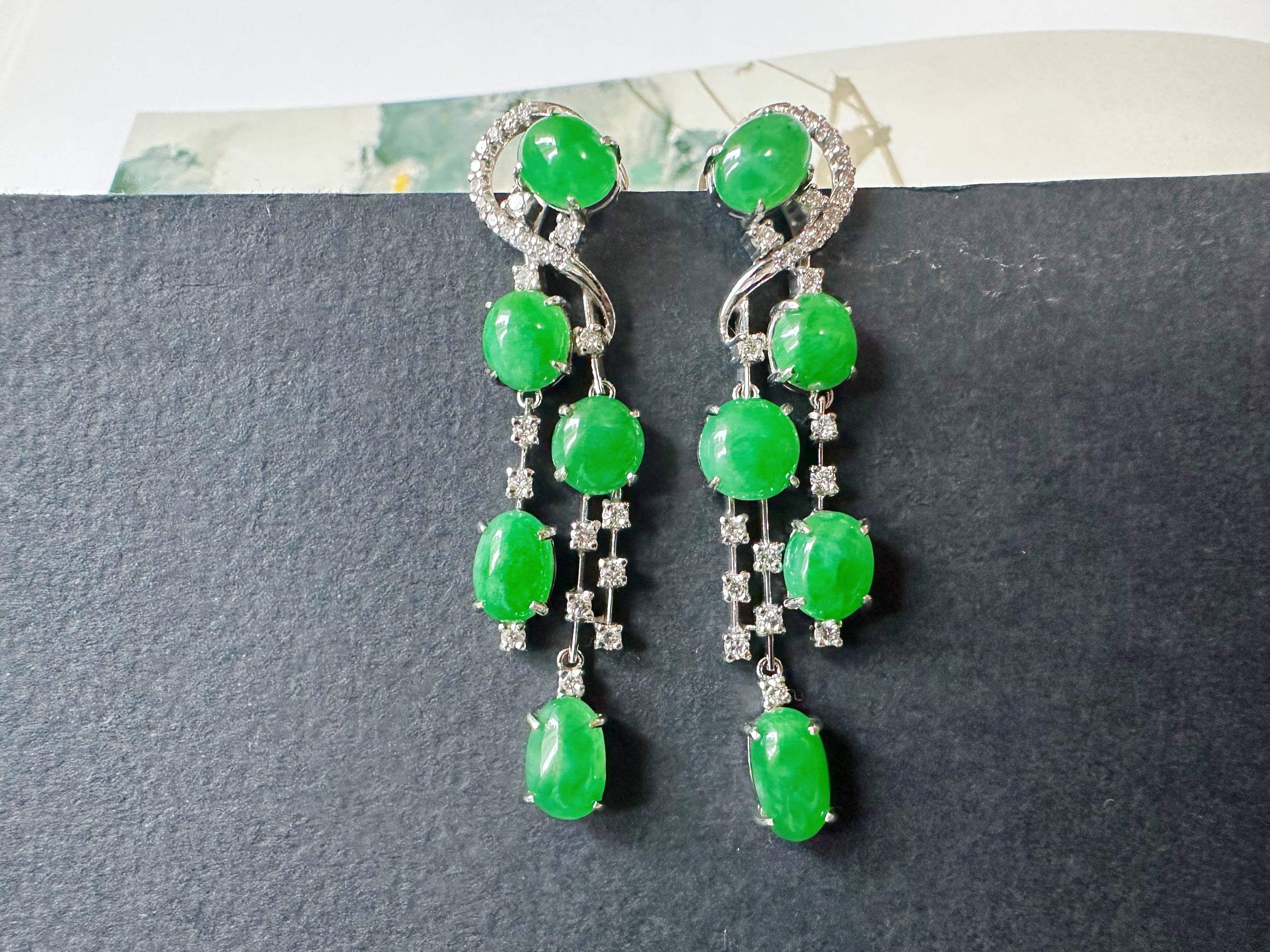 Natural Myanmar Imperial Green Jade Drop Earrings - 18K White Gold with Diamonds For Sale 3