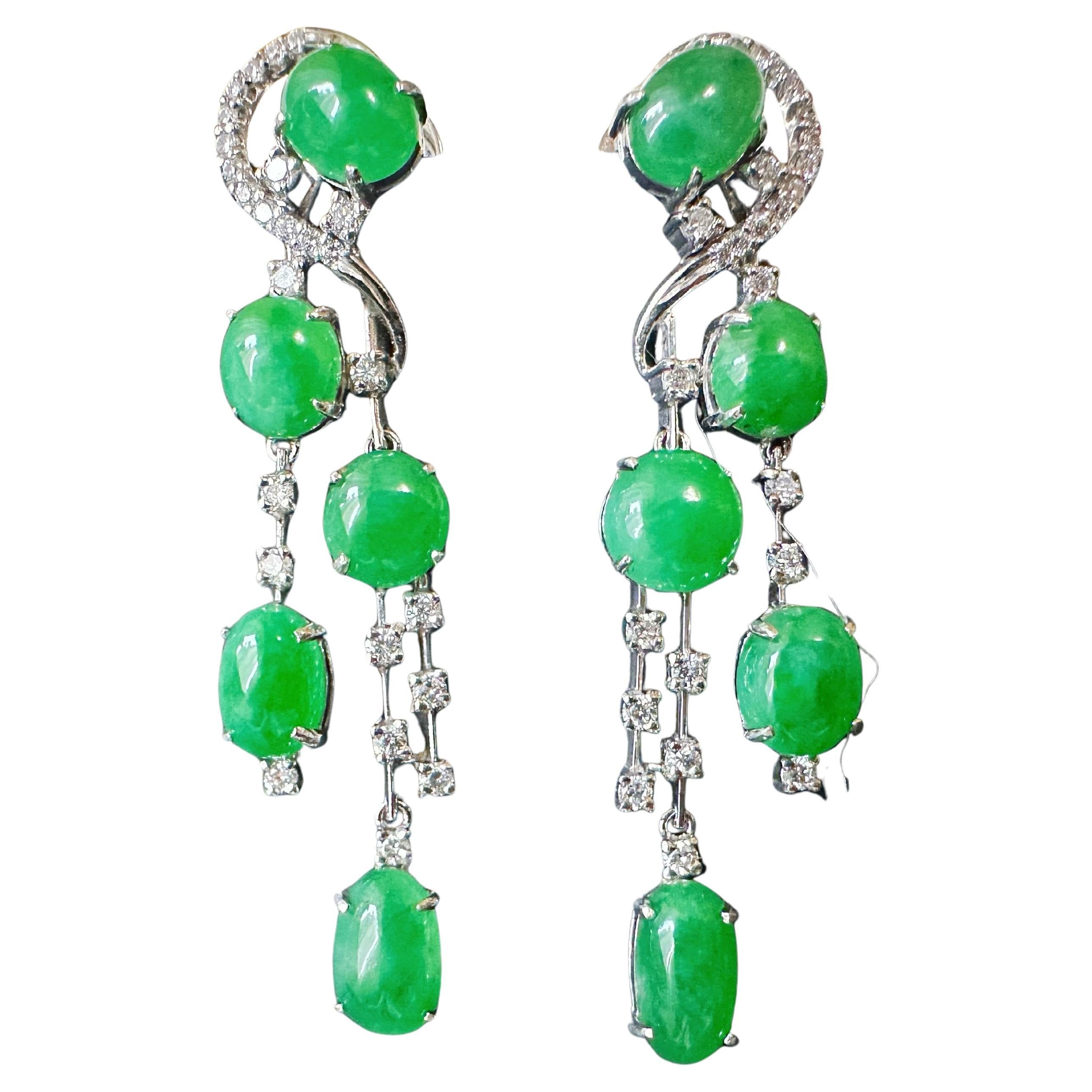 Natural Myanmar Imperial Green Jade Drop Earrings - 18K White Gold with Diamonds