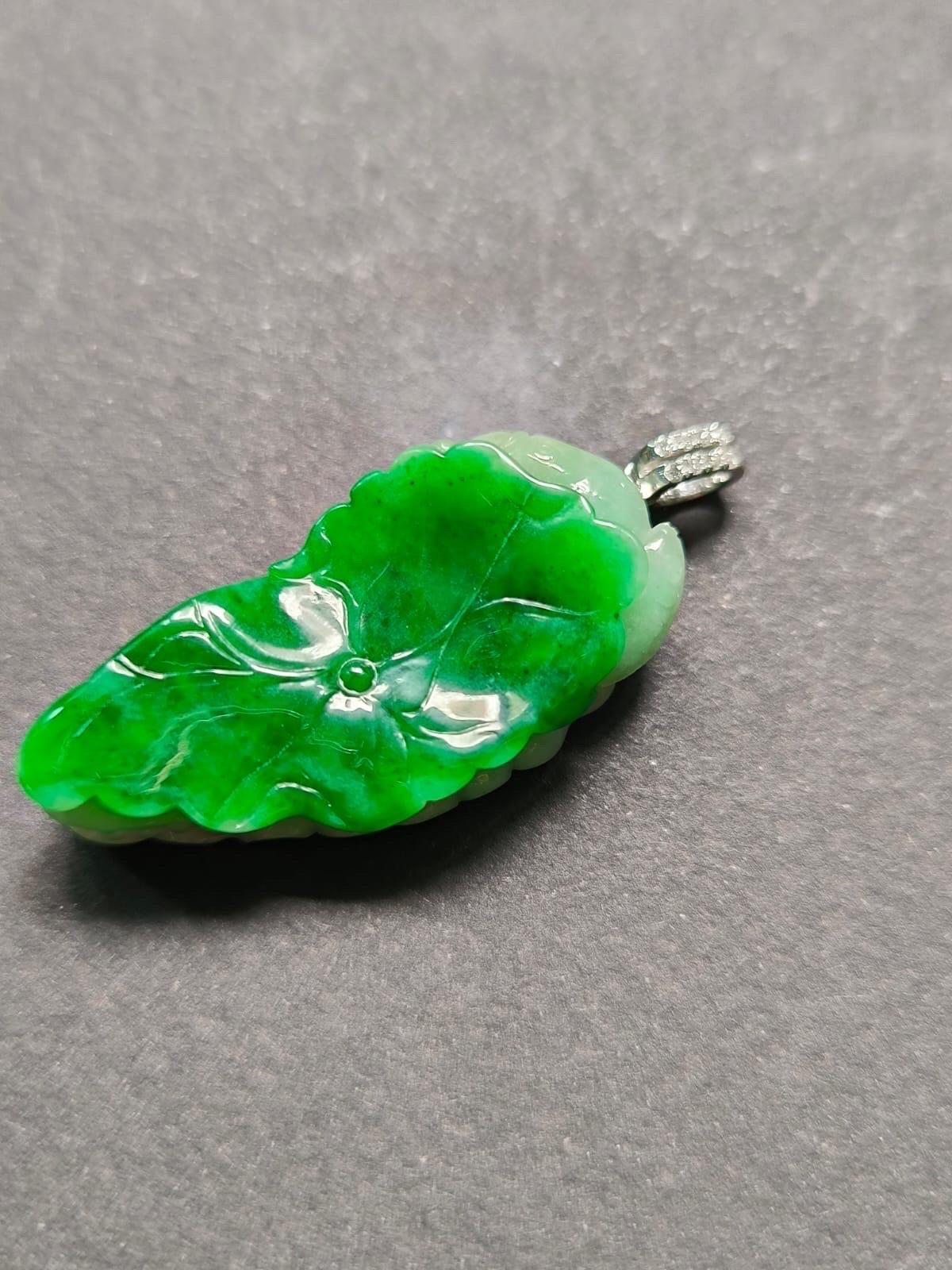 Pendentif en jade vert impérial du Myanmar, serti d'or blanc 18 carats en vente 6