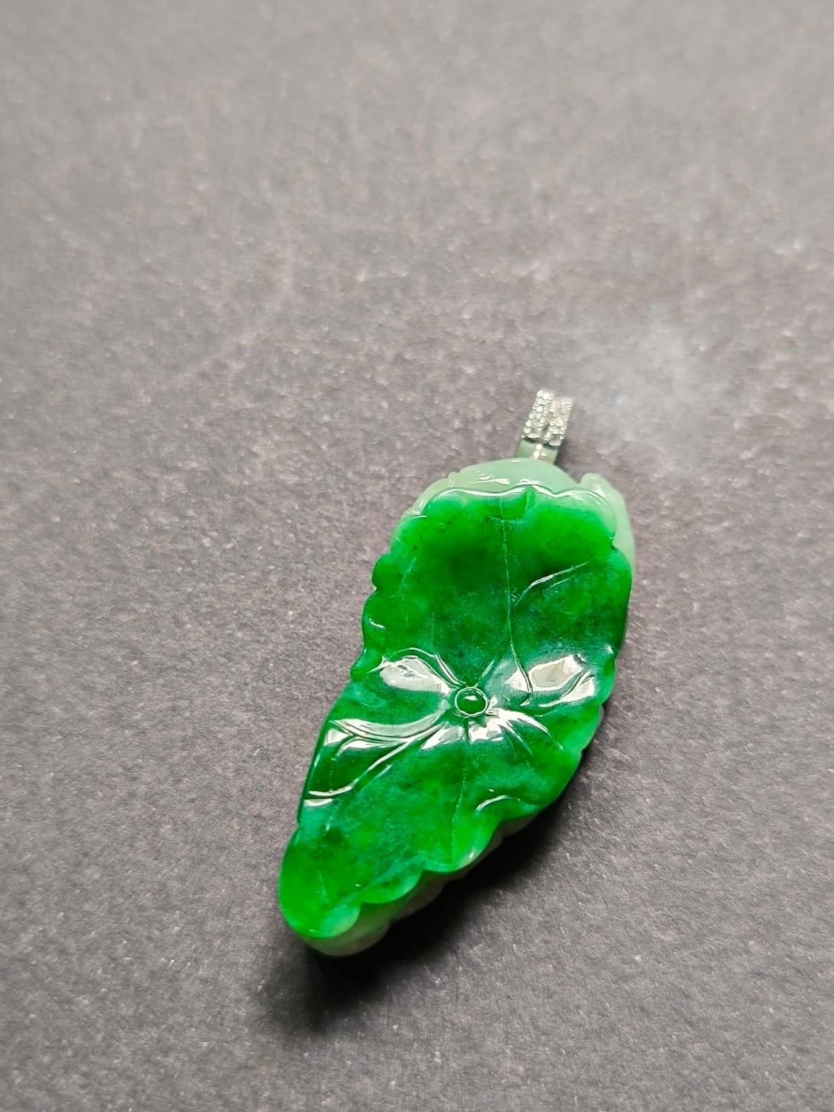 Pendentif en jade vert impérial du Myanmar, serti d'or blanc 18 carats en vente 9