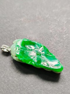 Natural Myanmar Imperial Green Lotus Leaf Jade Pendant, set with 18K White Gold