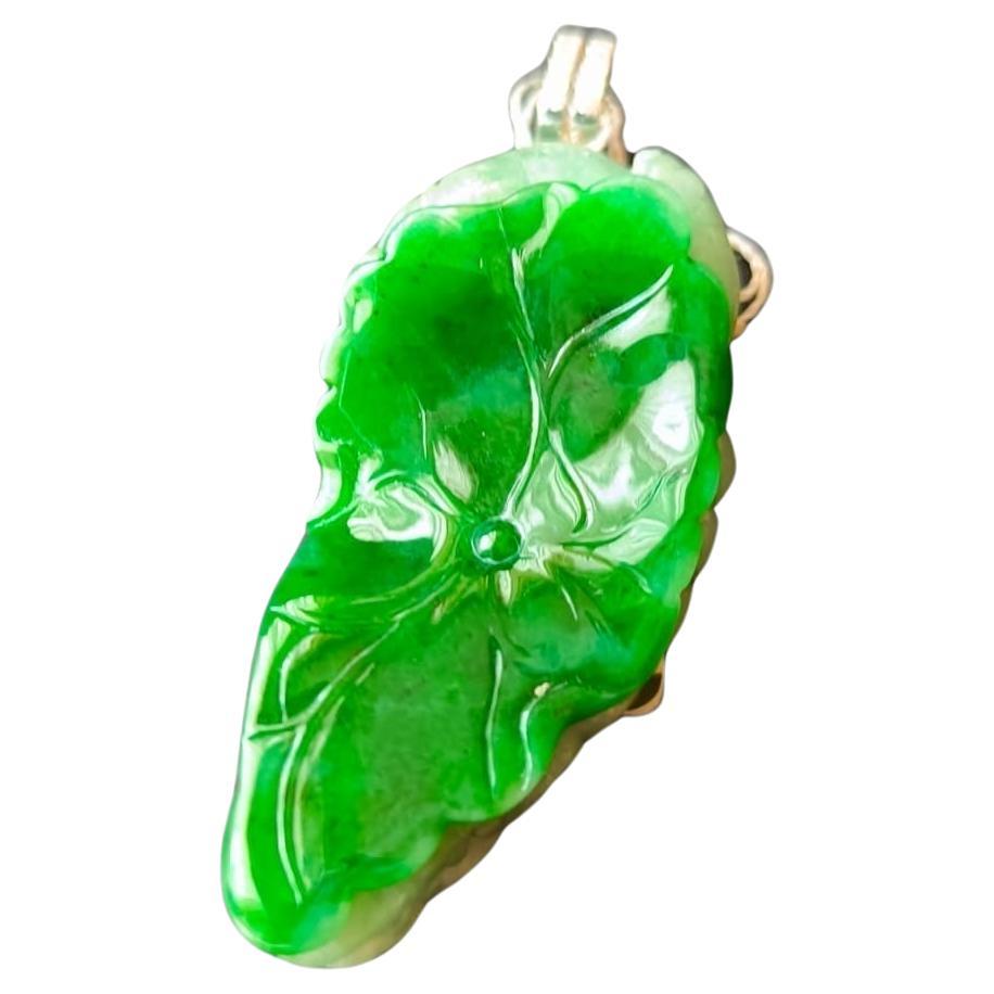 Natural Myanmar Imperial Green Lotus Leaf Jade Pendant, set with 18K White Gold