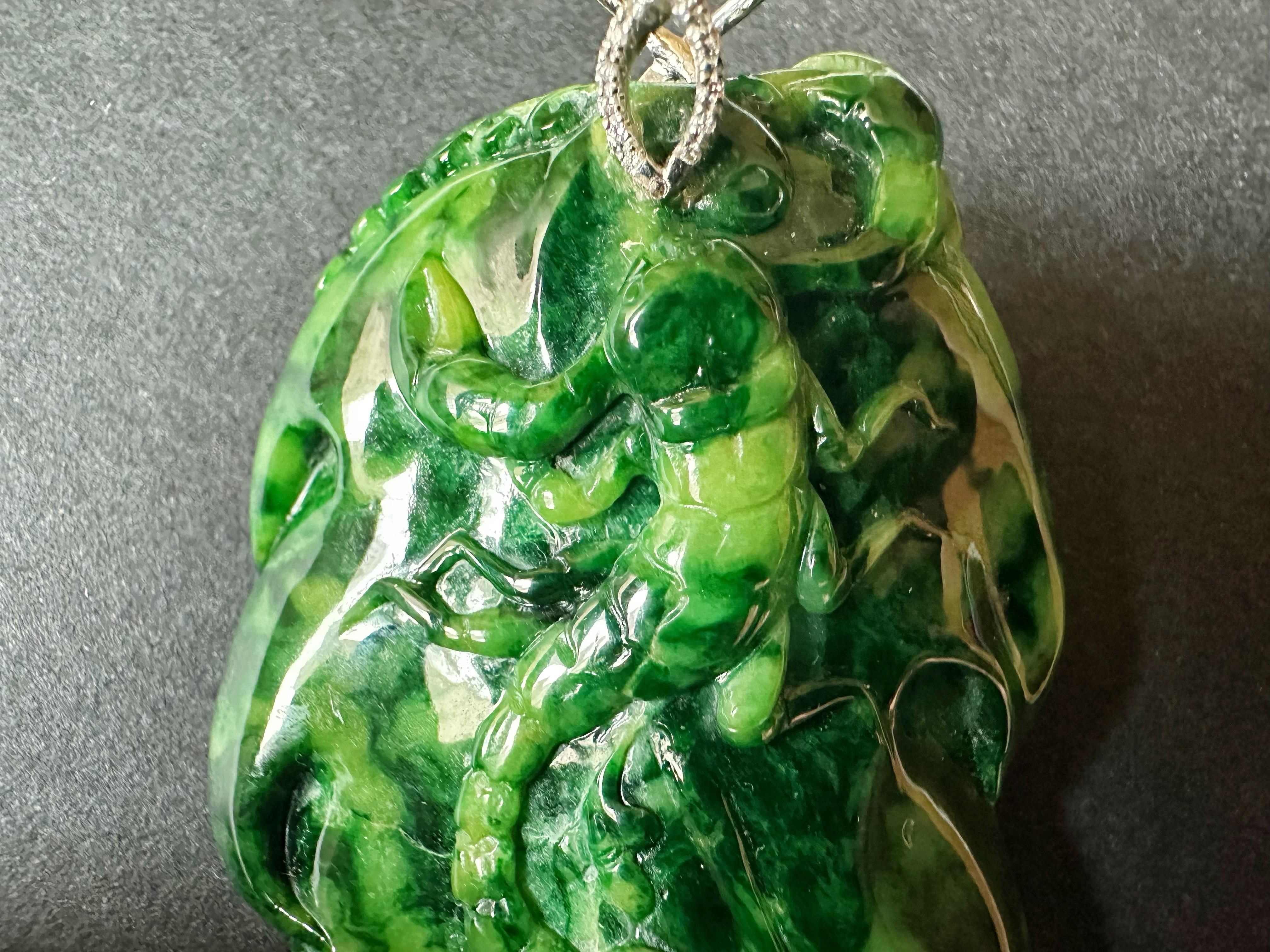 Natural Myanmar Imperial Green Lotus Leaf Jade Pendant with Diamond Bail For Sale 4